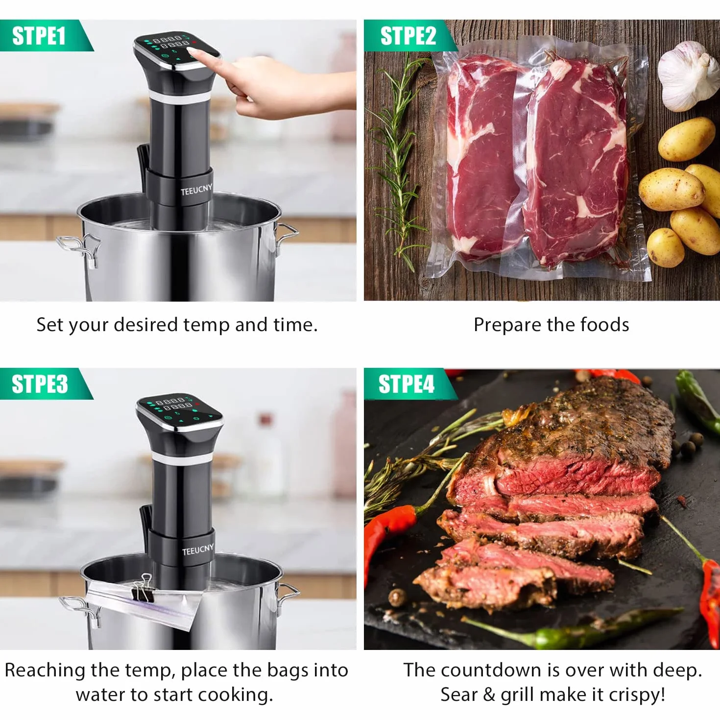 Sous Vide Aparato de Cocina Precisión, Máquinas para Cocinar al Vacío, Circulador de Inmersión Termal con Pantalla LCD Legible, Temporizador Ajuste de Temperatura, Noxidable Libre de BPA 1100W