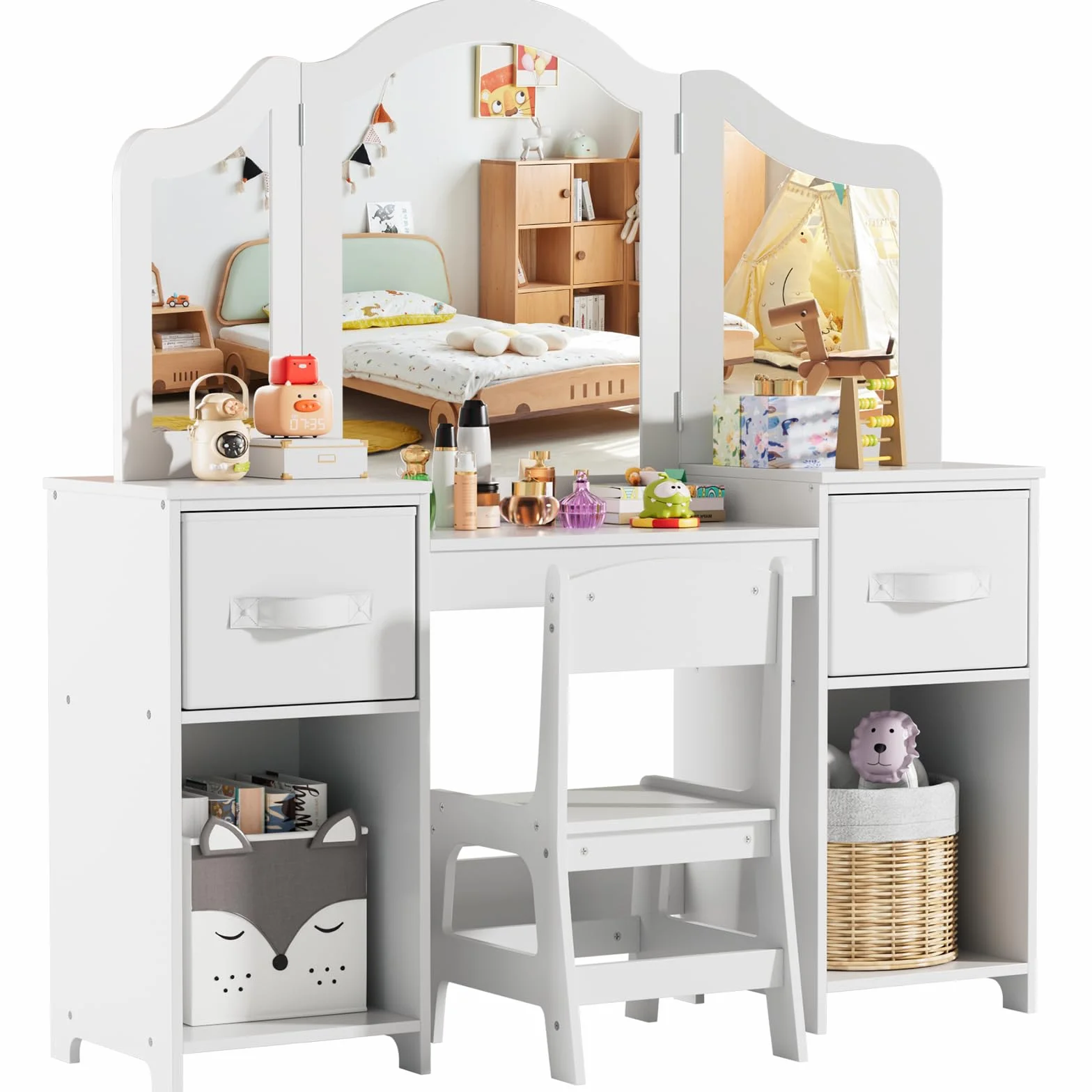 MAMIZO Tocador Infantil 2 en 1 con Espejo Extraíble, Madera Niña Escritorio con Taburete, Blanco 108x30x114 cm