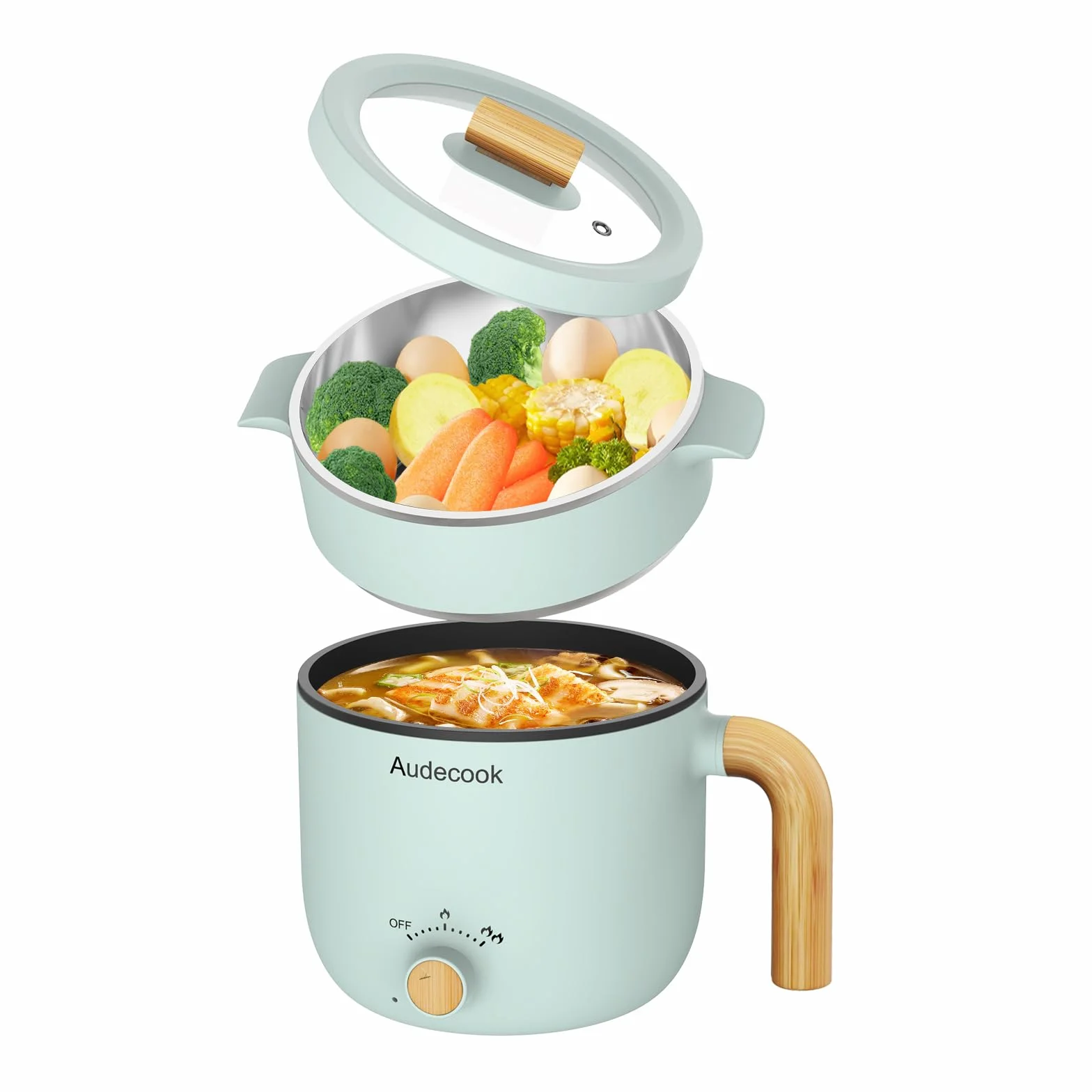 Audecook Olla Eléctrica 1,5L Mini Olla Multifuncional Portátil con Vaporera y Doble Control de Potencia