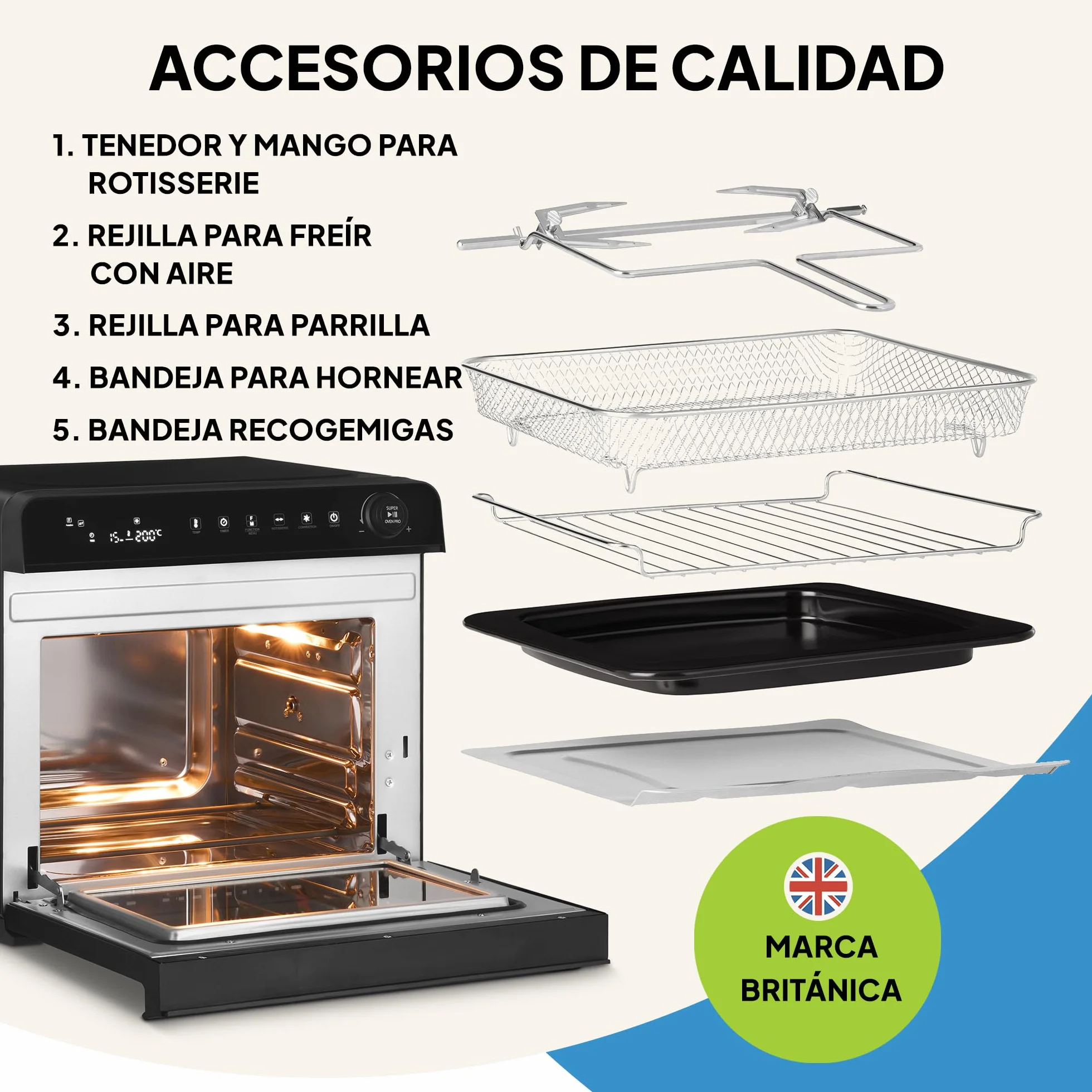 Fridja F77 Horno Súper Pro de 30L – Horno Freidora de Aire Digital LED Premium – 18 Programas Inteligentes, Función de Asador Giratorio (Rotisserie), Fácil de Limpiar, Rápido, Potente y Versátil, Inte
