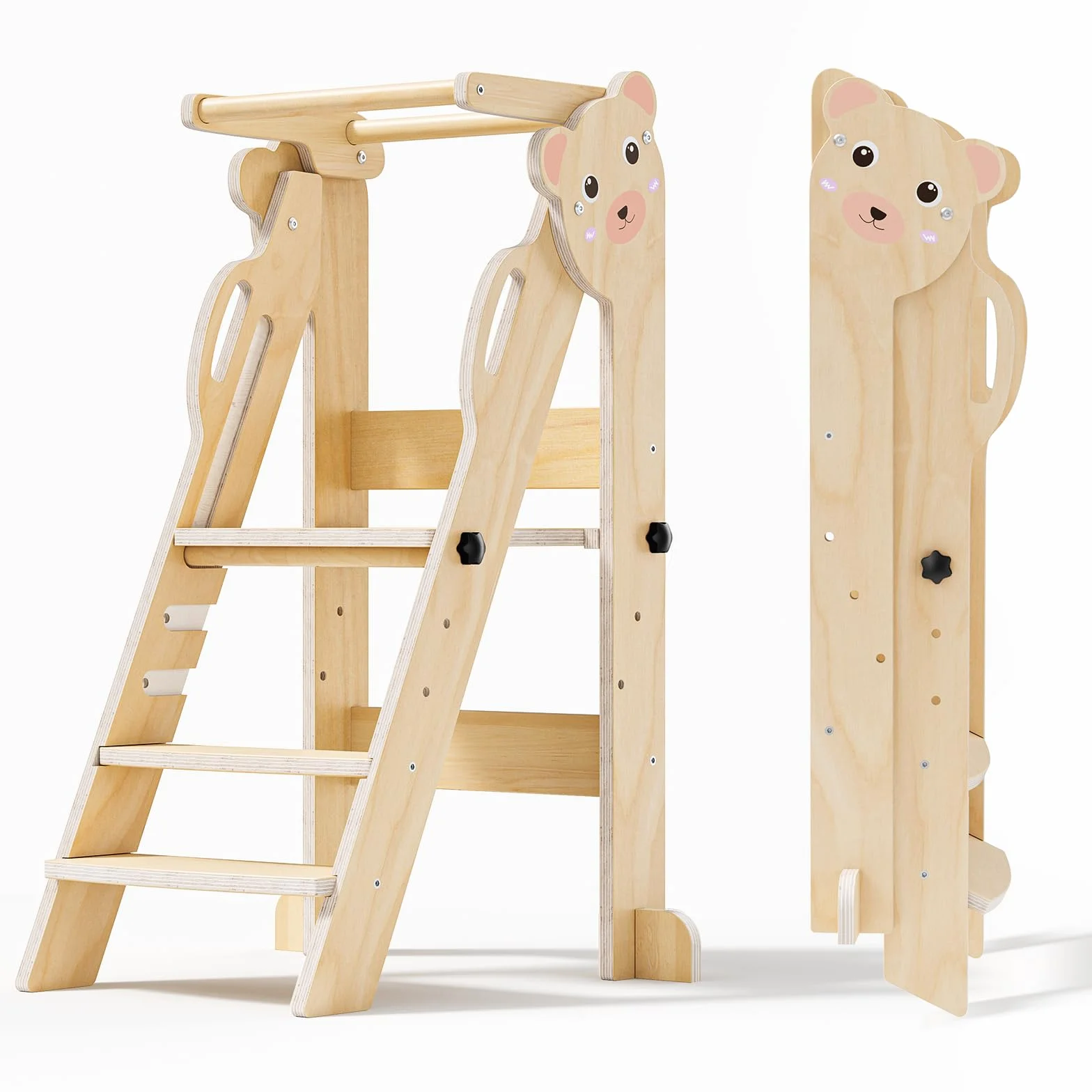 Torre de aprendizaje plegable para niños, taburete de cocina de 3 niveles de altura ajustable, torre infantil Montessori para cocina, baño y habitación infantil (color madera oso pequeño)
