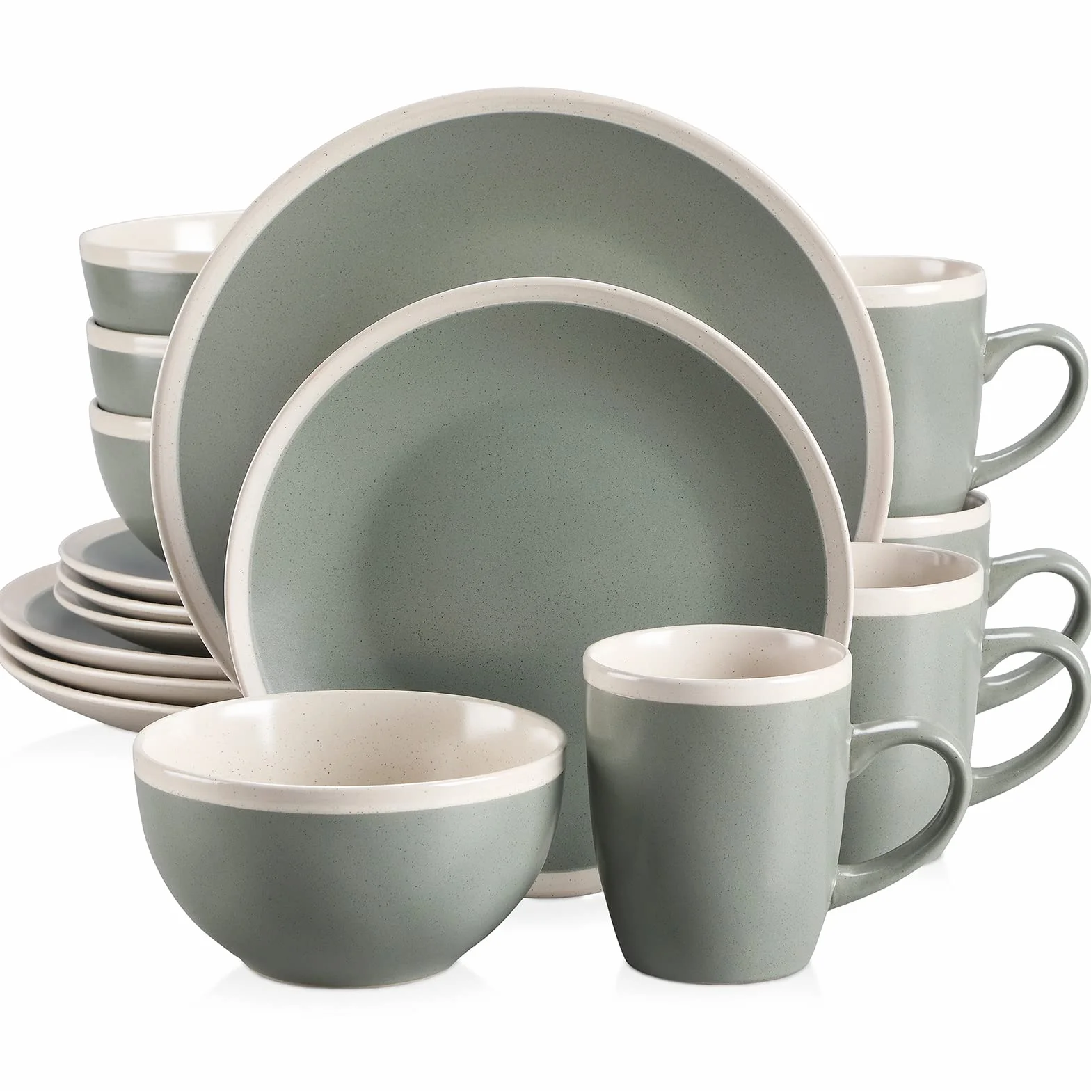 vancasso Vajillas de Cerámica serie Seesami 16 piezas Vajillas Completas para 4 Personas con 4 Platos Llano, Platos de Postre, Cuencos y Tazas, Mate Verde Oscuro