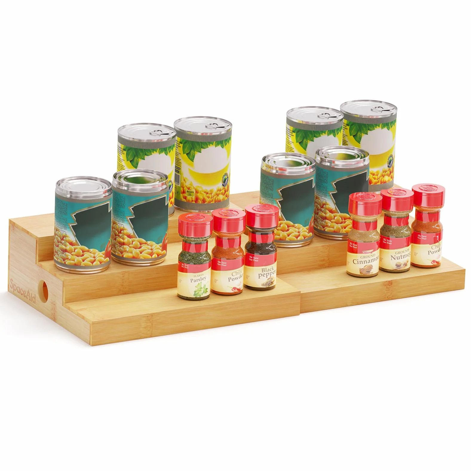 SpaceAid Organizador de especias para armario de cocina, despensa y encimera, estante de exhibición expandible de bambú para condimentos y latas (3 niveles, natural)