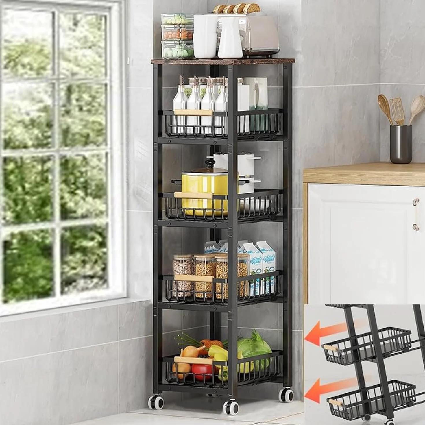 Canastas de alambre de metal con ruedas, contenedores de almacenamiento apilables, estante organizador de cocina, carrito de frutas y verduras de múltiples niveles, estante estacional para