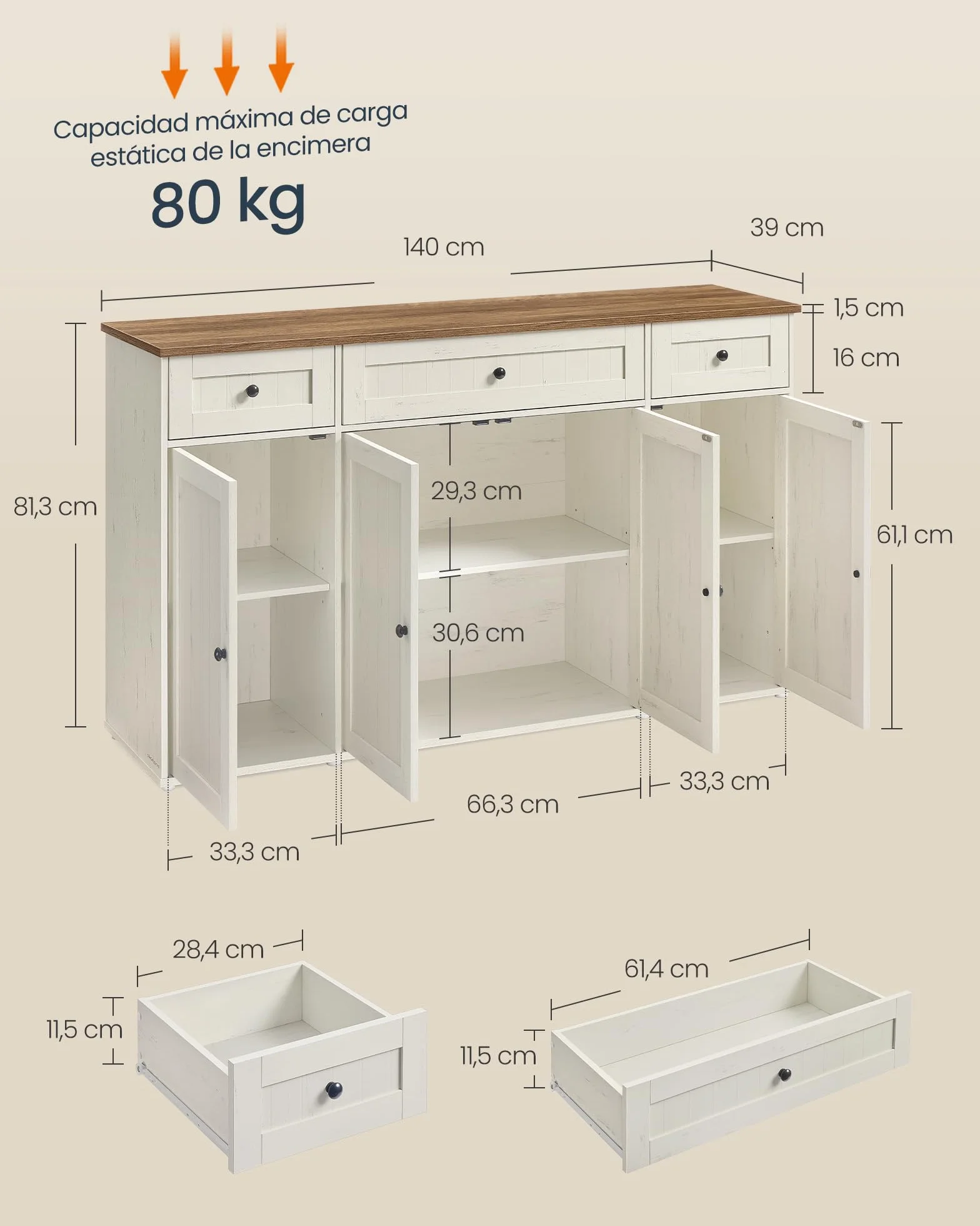 SONGMICS HOME Aparador, Montaje Súper Rápido Sin Herramientas Toolless, Mueble de Cocina con Encimera, Estantes Ajustables, Blanco Rústico y Marrón Miel BBK376WJ02