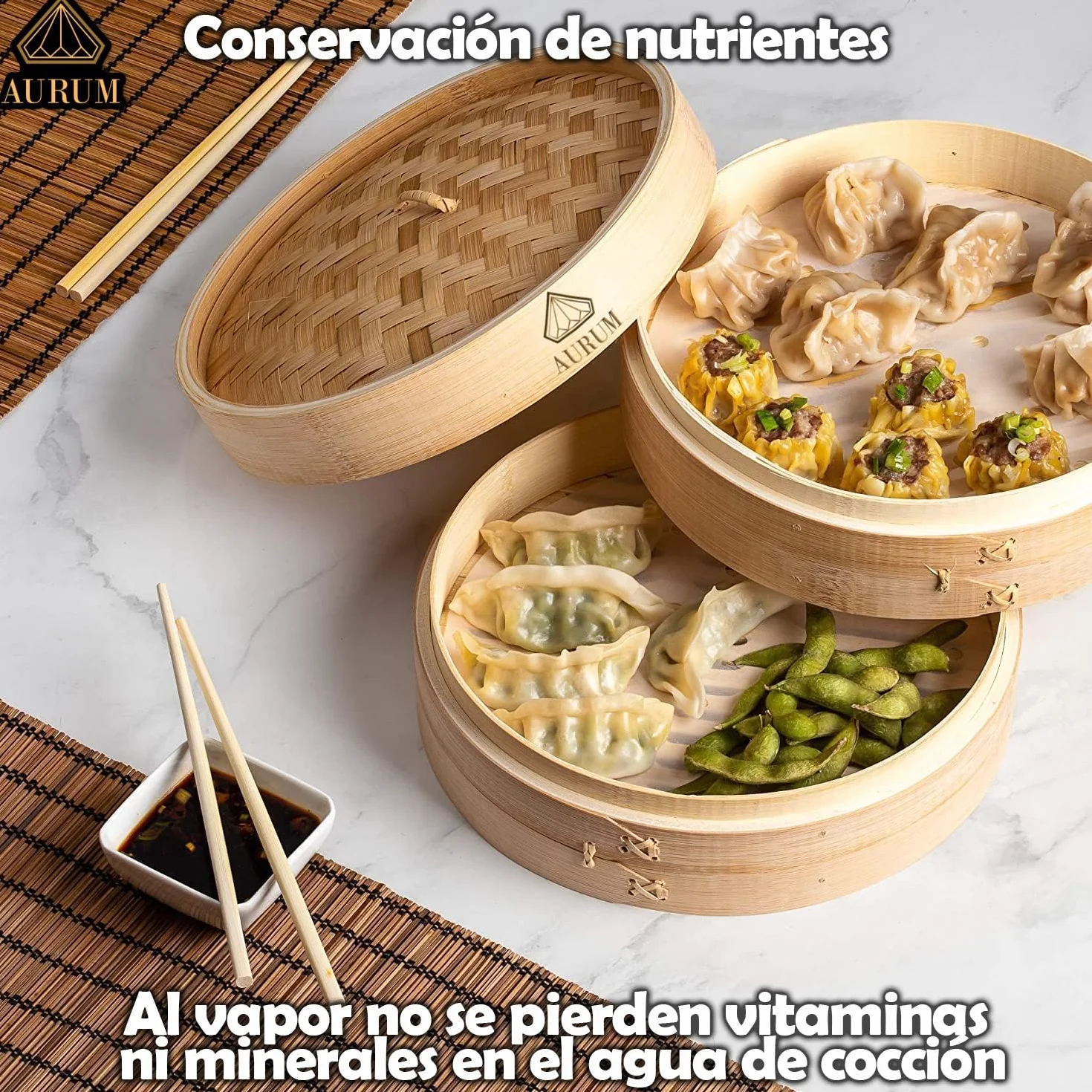 Aurum Vaporera de Bambú 2 Niveles 20 cm 25 cm Incluye Accesorios Cocinar Vapor