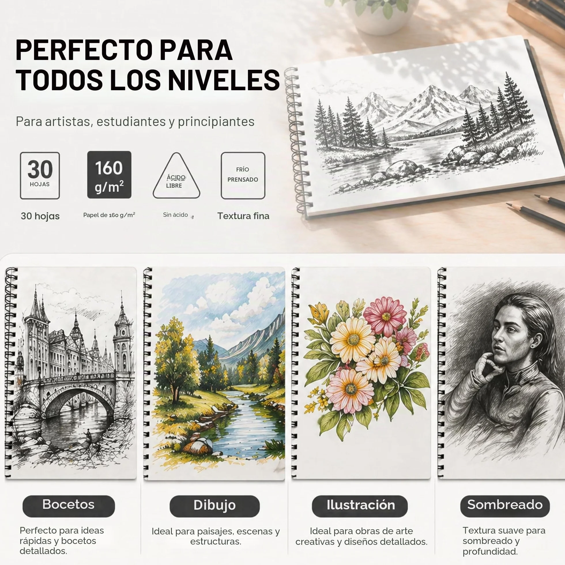 Artme Bloc de bocetos A5, 160 g/m², 30 hojas, cuaderno de espiral, 2 piezas