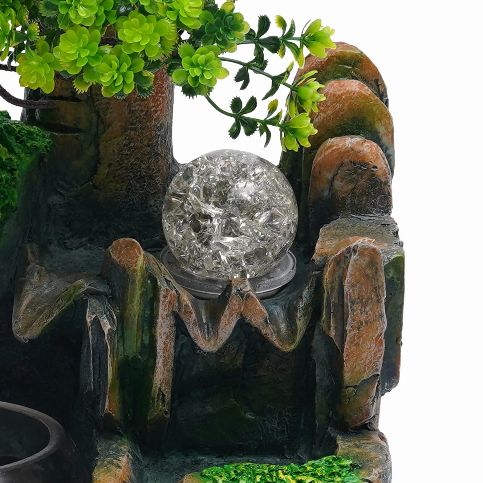 Fuente pequeña con iluminación, fuente de mesa, habitación, cascada, cuenca de agua con cristal, rueda Feng Shui, atomizador, 30 x 20 x 36 cm