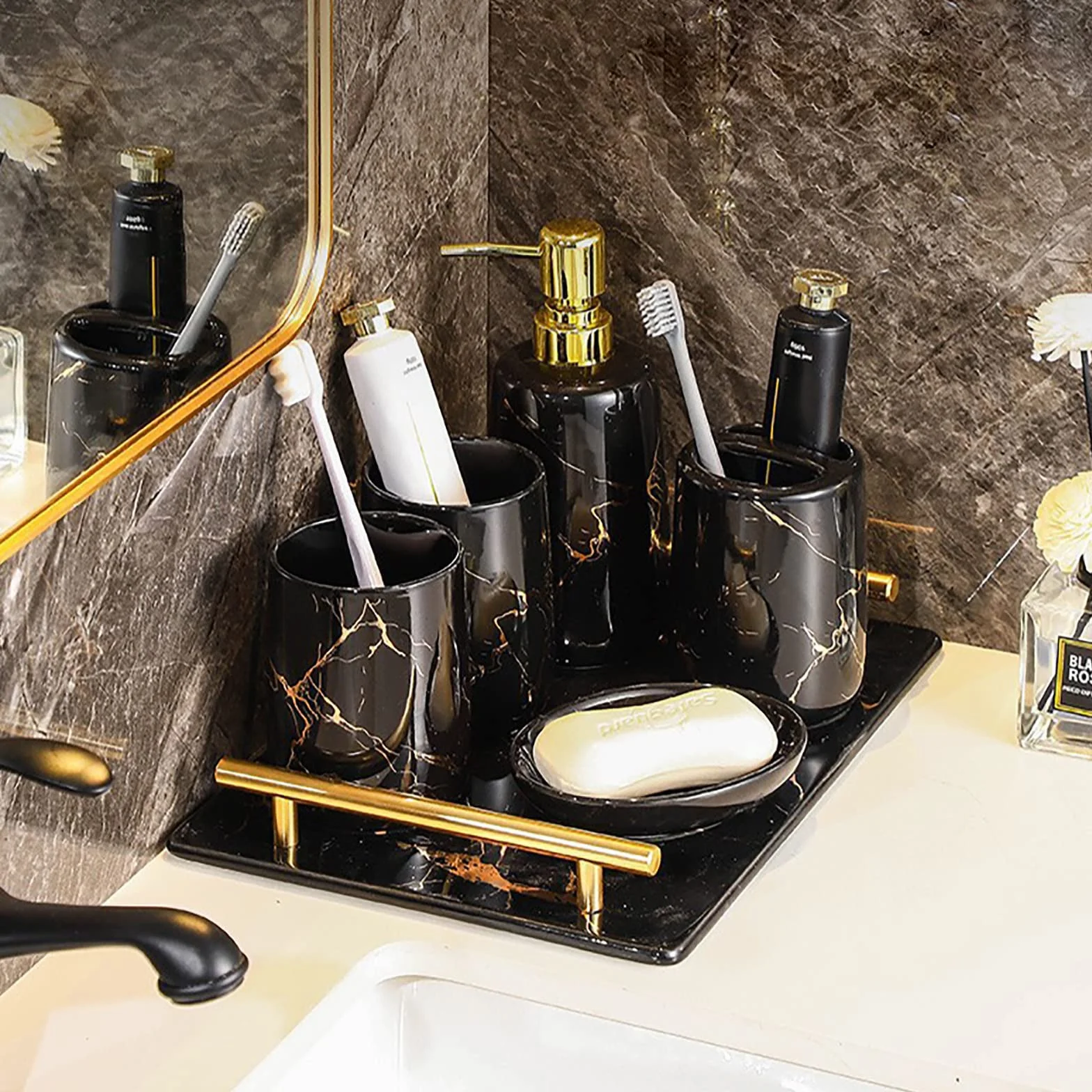 Juegos de Accesorios de baño, Acesorios Cuartos de Baño 5 Piezas con Dispensador Jabon Baño, Jabonera Baño, Porta Cepillo de Dientes, Bandeja, para Champú Gel de Ducha Cerámica