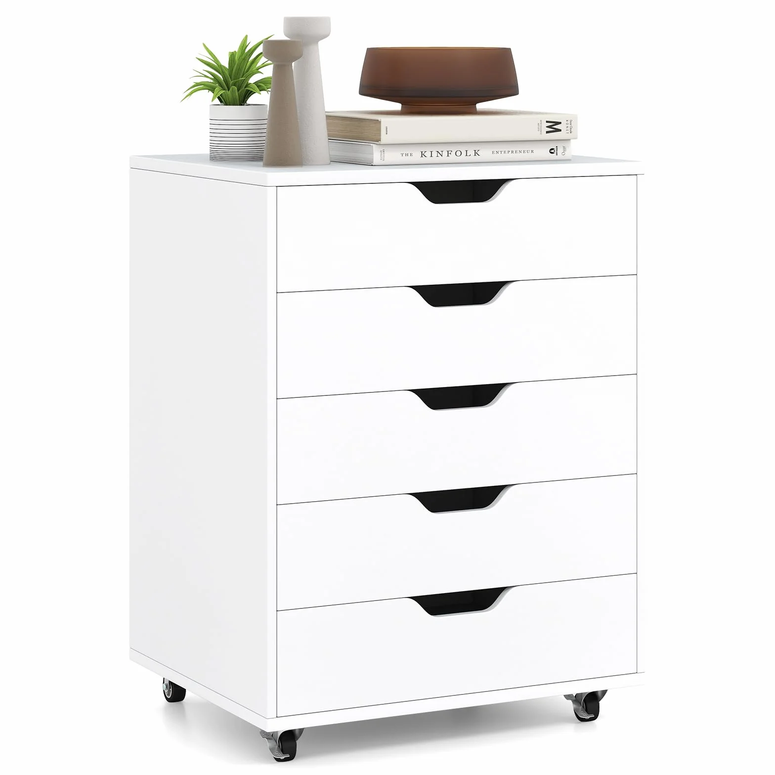 KOMFOTTEU Cajonera Móvil con 5 Cajones, Archiavdor de Almacenamiento con 4 Ruedas Universales, Cómoda Vertical de Madera, para Salón, Dormitorio, Oficina, Estudio, 49 x 42 x 66 cm (Blanco)