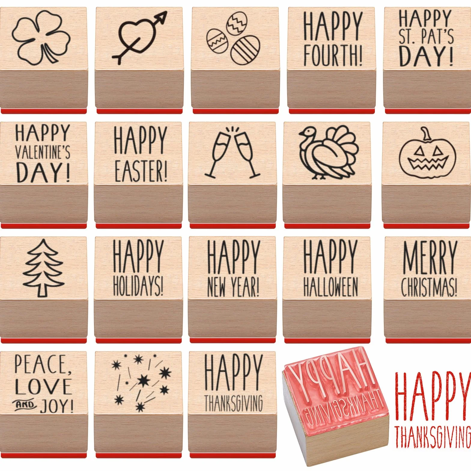 MotiMind Juego de 18 sellos de madera para todos los días festivos, sellos de goma de madera para hacer tarjetas, decoración y suministros de álbumes de recortes