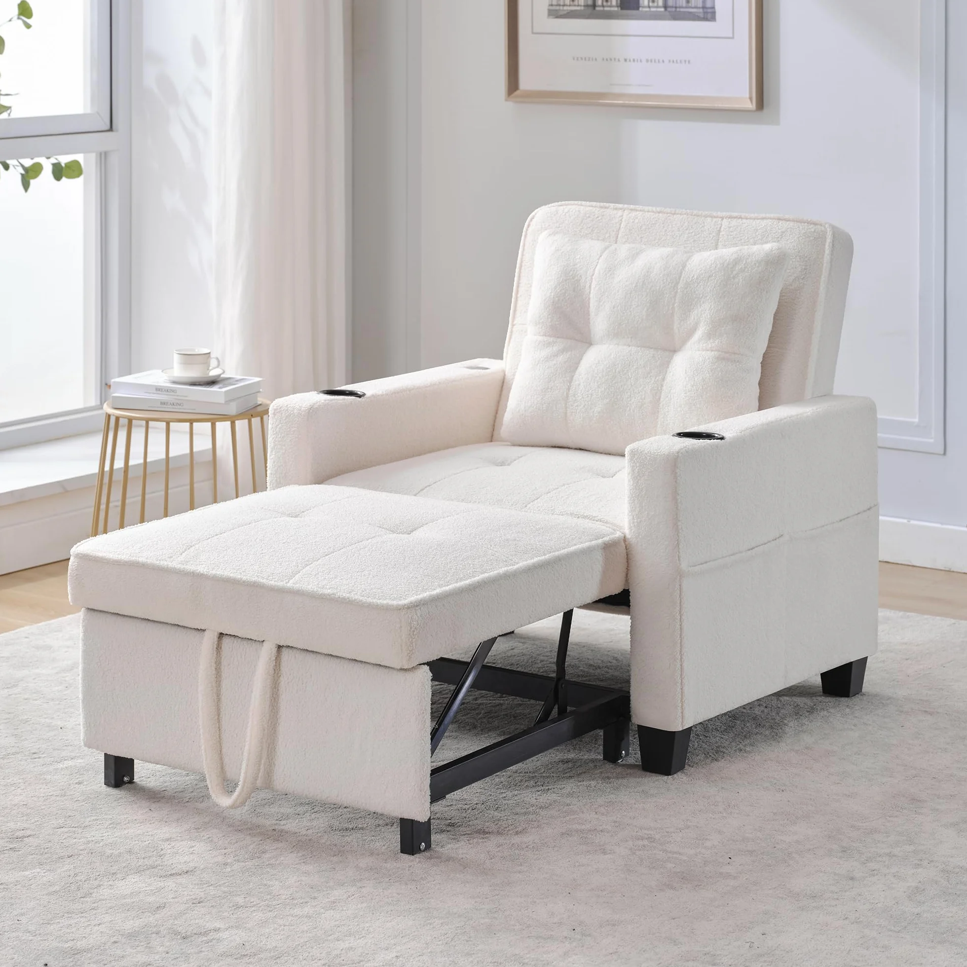 Generisch Sofá cama individual extensible 3 en 1 con soportes para bebidas y conexión USB, sillón ajustable, cama de invitados, ahorra espacio para habitaciones pequeñas, estudiantes, apartamentos