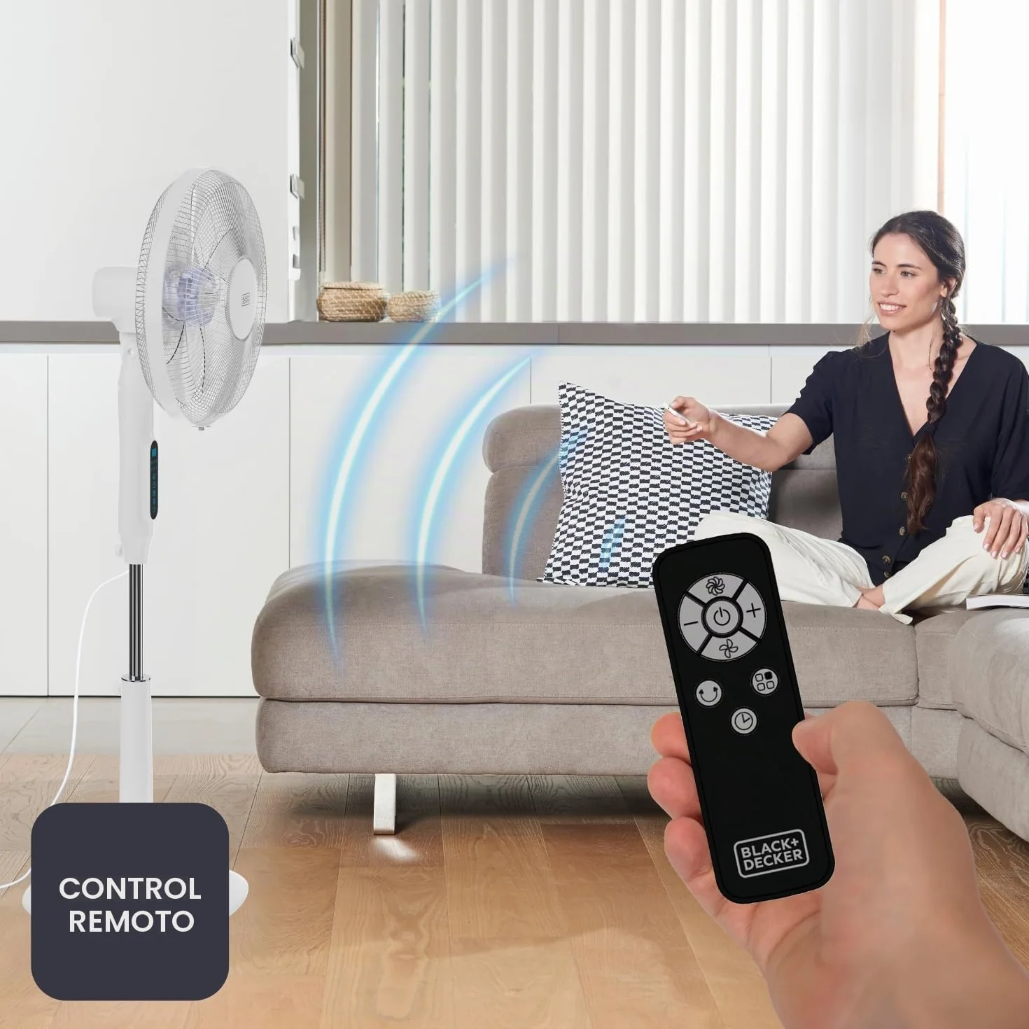 Black+Decker - Ventilador de Pie 30W | 24 Velocidades | Modos Normal, Natural y Noche | Timer 15h | Oscilación Automática | Altura Ajustable 118-138 cm | Pantalla LED | Silencioso | Mando a Distancia