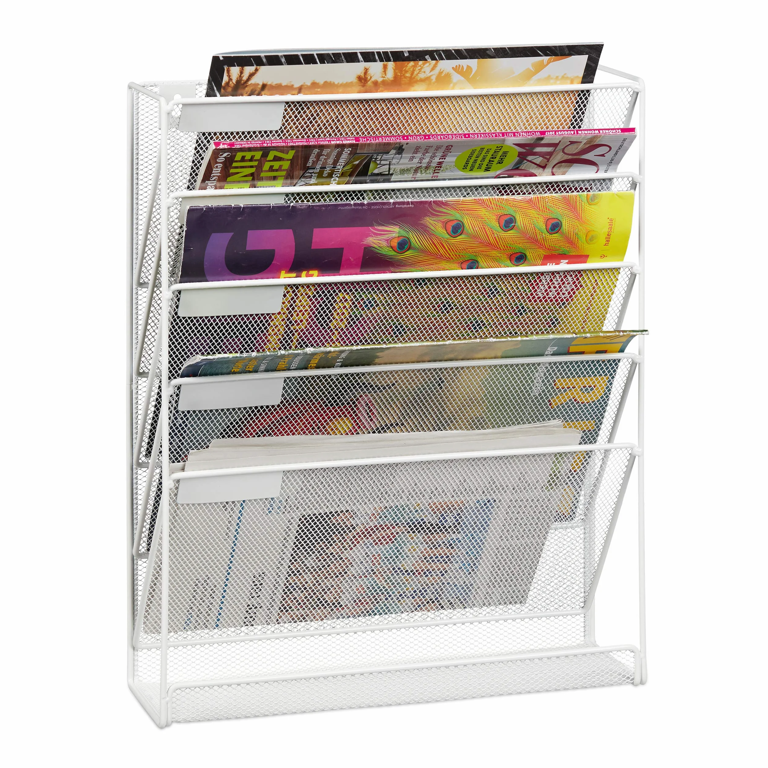 Relaxdays Revistero de Pared, Formato A4, 5 Compartimentos, Metal, Organizador Revistas, 40,5 x 32,5 x 10,5 cm, Blanco