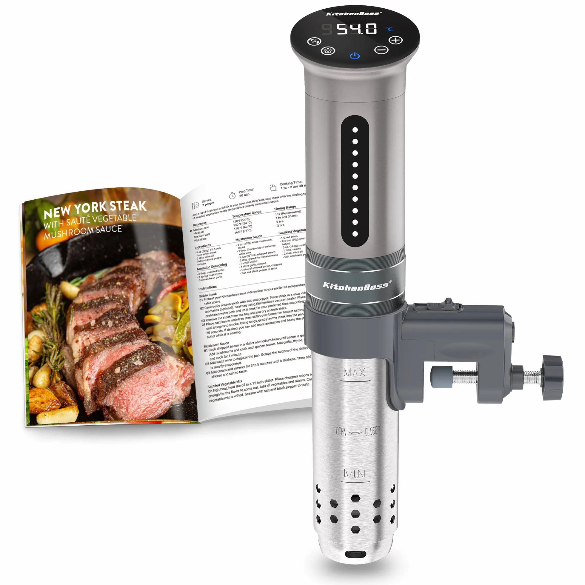 KitchenBoss - Olla al vacío, 1100 W, IPX7 impermeable, calculadora de inmersión de cocina, termostato ajustable para un control preciso de la temperatura