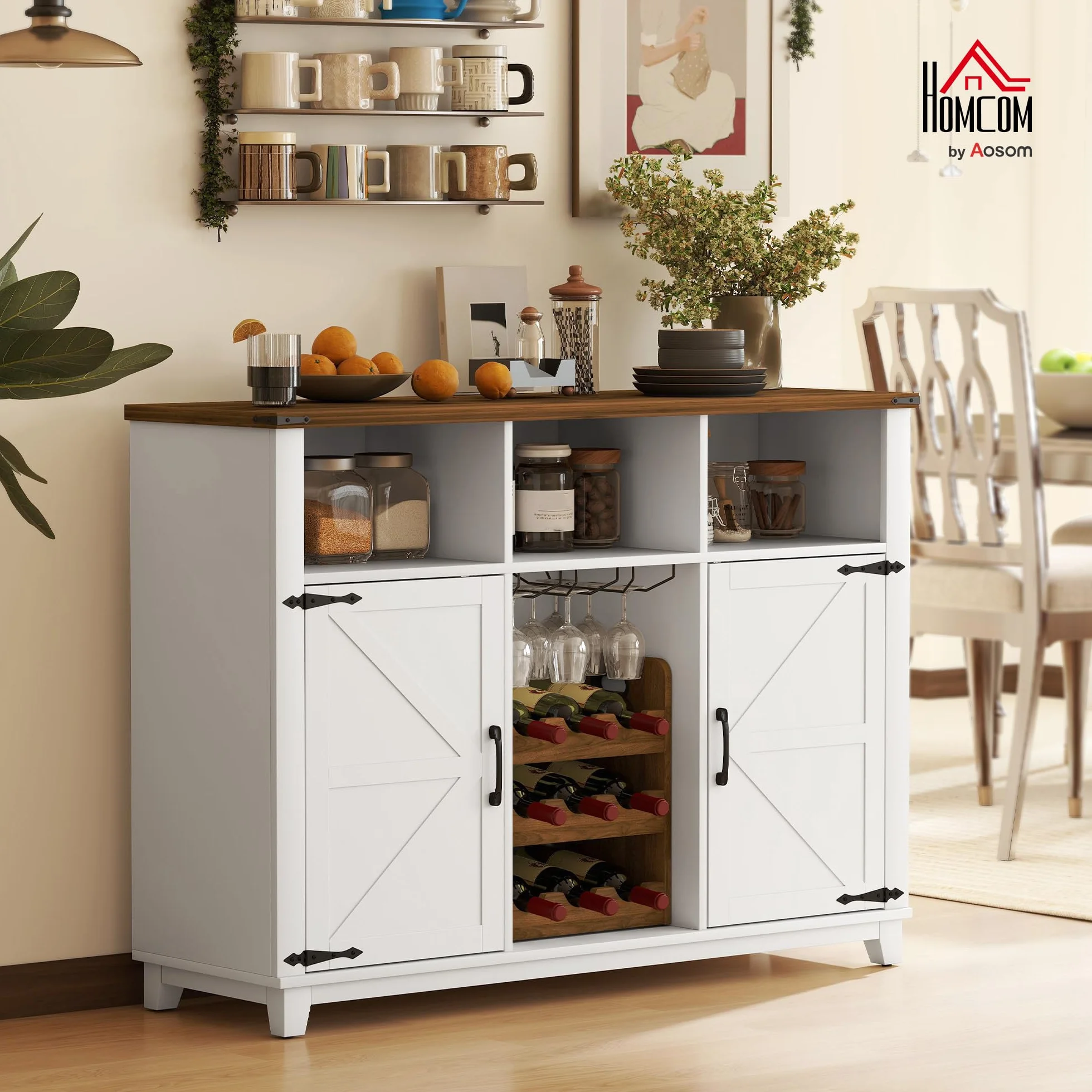 HOMCOM Aparador de Cocina con Botellero, 2 Puertas de Granero, Estantes Ajustables, Soporte para Copas para 9 Botellas, 120x37x88 cm Blanco