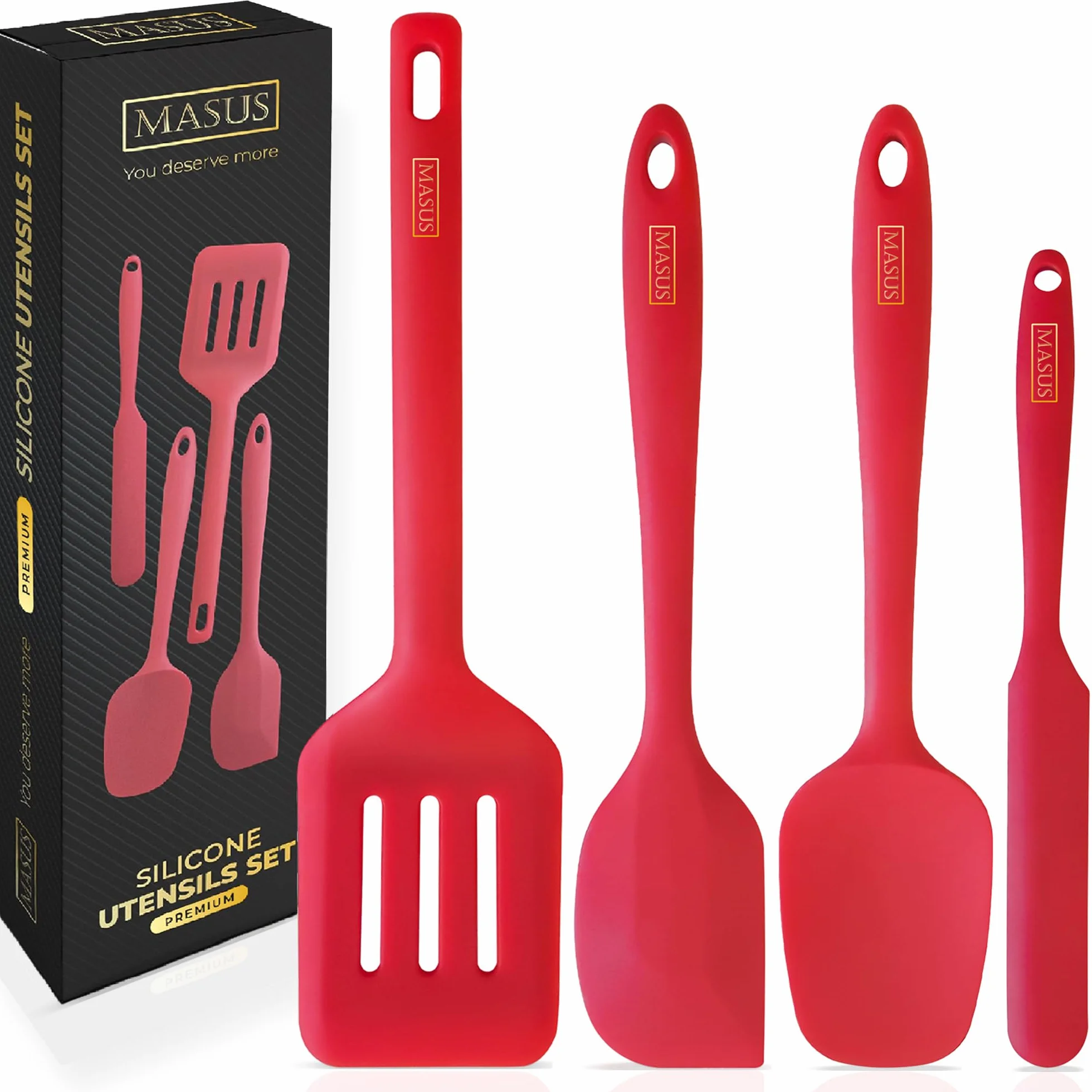 MASUS Juego de 4 espátulas de silicona de goma con un volteador para sartenes antiadherentes, juego de espátulas de goma resistentes al calor 315.6 °C para hornear, espátula de plástico para cocinar