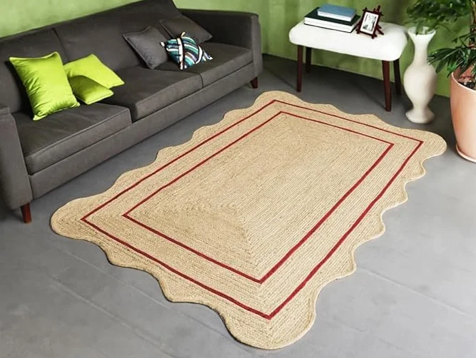 Alfombra de yute festoneado de alta calidad tejida a mano con borde rojo de 2 x 3 pies, alfombra de fibra natural hecha a mano, alfombra de estilo bohemio y rústico para sala de estar