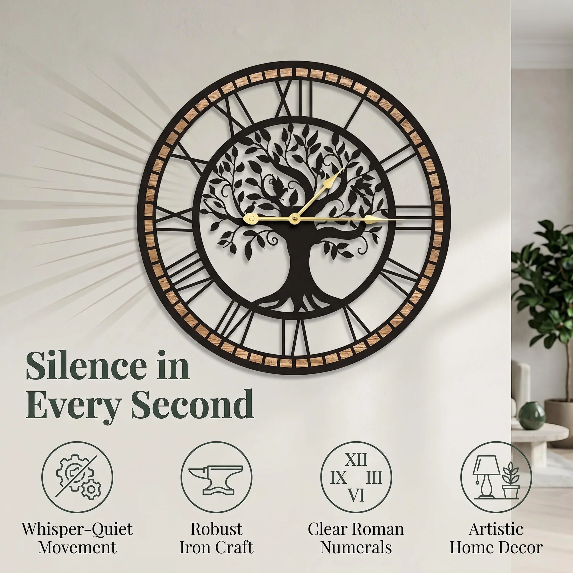 Reloj de Pared Grande con diseño de árbol de la Vida, Negro y Madera, números Romanos, Redondo, 40 cm, para Sala de Estar