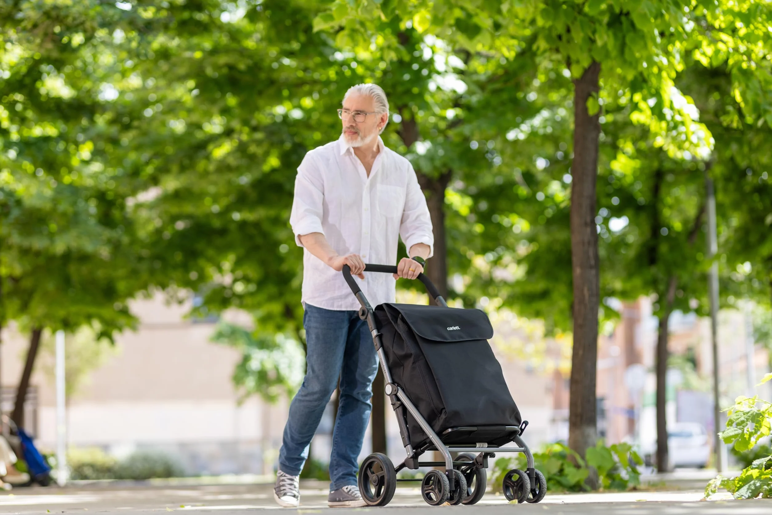 Carlett Carro de Compra 4 Ruedas Plegable, Bolsa Extraíble de Gran Capacidad 58L/32Kg y Bolsa Isotérmica 12L, Manillar Regulable, Freno de Seguridad, Convertible a 2 Ruedas, Lite Family, Color Morado