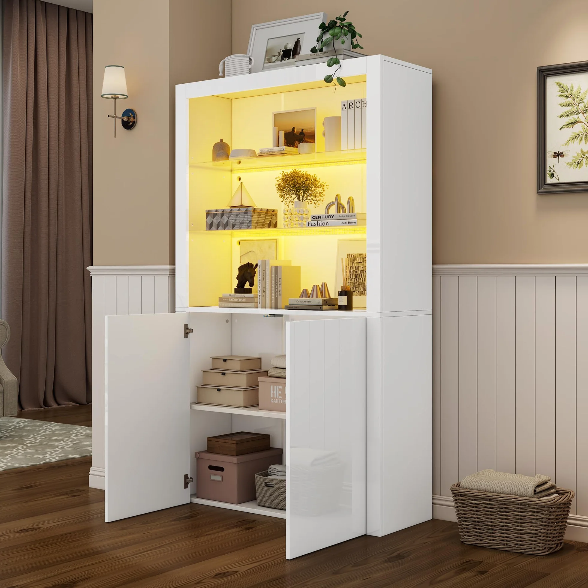 Vitrina Cristal Vitrina Salon con Luces LED y Separadores de Cristal, Vitrina Expositora con 2 Puertas, Armario de Colección Moderno, Armario Alto Multifunción, Vitrinas, 100x35x170 cm, Blanco