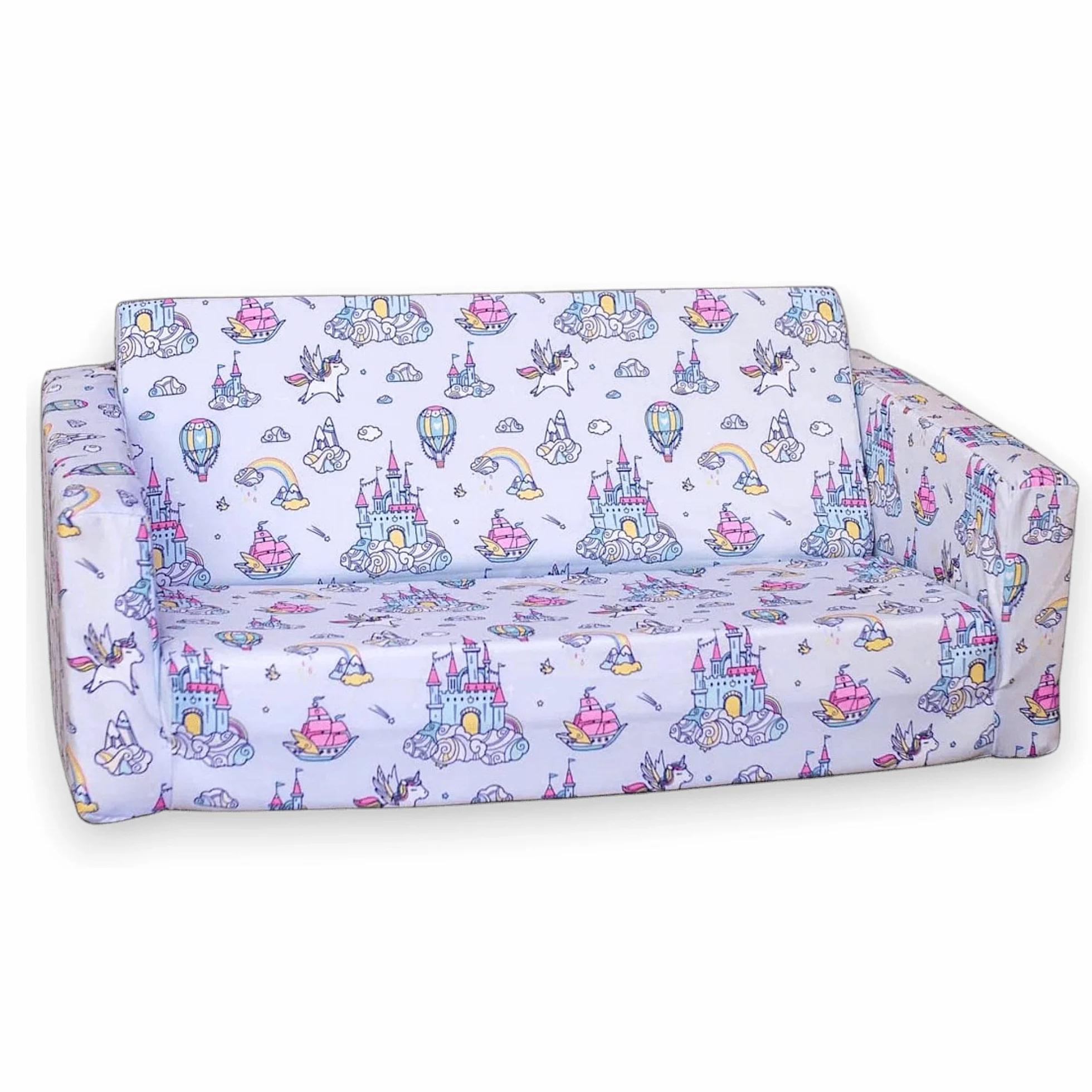 Sofá infantil plegable 2 en 1 de espuma alta densidad (25 kg/m³) - Sillón infantil ligero 2 kg, desenfundable, seguro, OEKO-TEX, Montessori desde 9 meses, no comprimido al vacío. (UNICORNIOS)