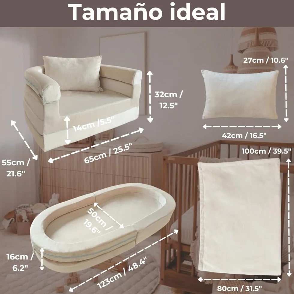 Wonder Space Sofá de espuma premontado para niños con manta y almohada, sofá convertible 3 en 1, silla de salón plegable para interiores y cama plegable para niños y niñas (marfil)