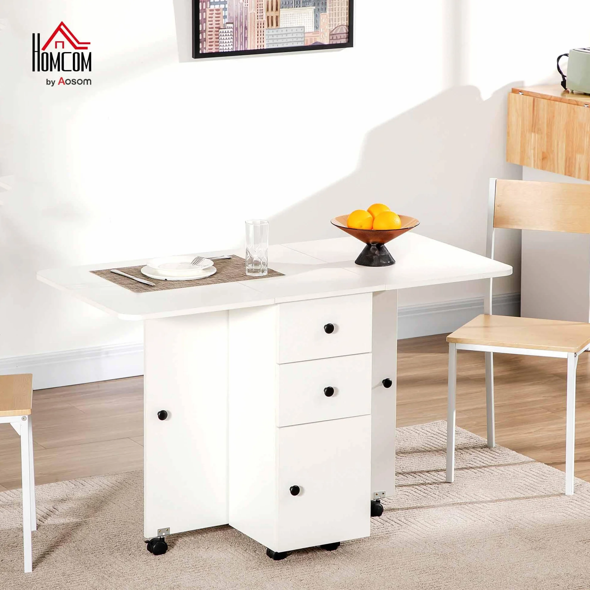 HOMCOM Mesa Plegable de Comedor, Mesa de Cocina Plegable, con Ruedas, Alas Abatibles, 2 Cajones, Estante y Armario, hasta 6 Personas, para Salón, Espacio Pequeño, 120x60x76,5 cm, Blanco