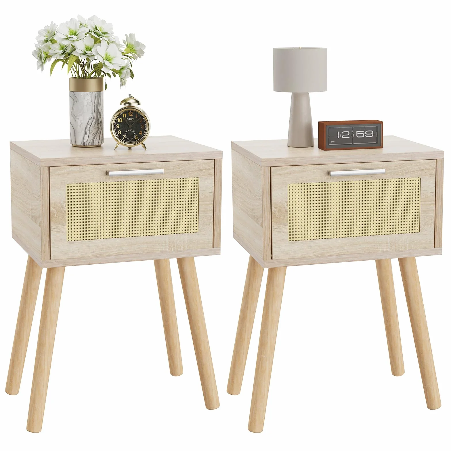 YMYNY Mesita de Noche de Ratán, Juego de 2, Mesa Auxiliar de Noche, Mesilla de Noche con Cajón magnético, Piernas de Madera Maciza, 35x27x53 cm, para Dormitorio, Oficina, Salón, Natural HST010N-2