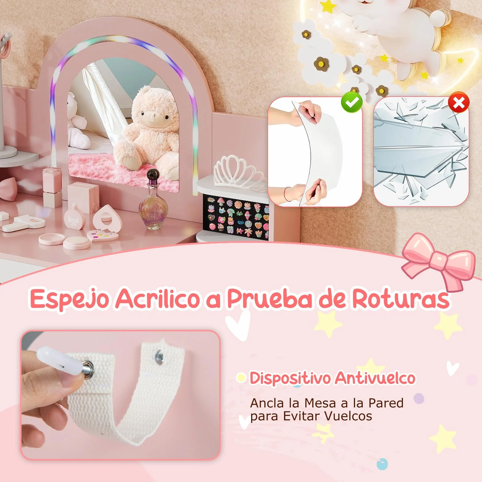 COSTWAY Tocador Niña con Espejo y Luces, Mesa de Maquillaje con Estantes y Caja de Tela, Rosa