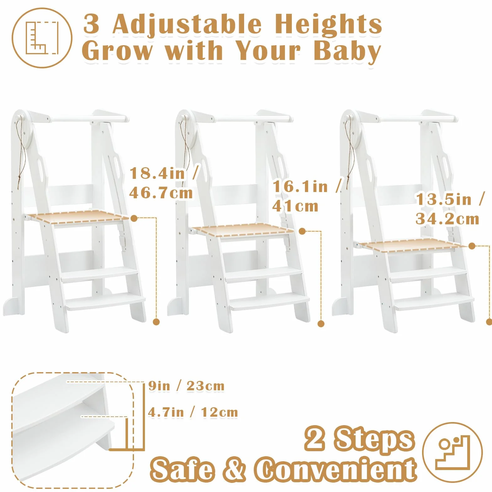 FUNLIO Taburete Plegable para niños Altura Ajustable 3 Niveles Rieles Seguridad Montessori Blanco