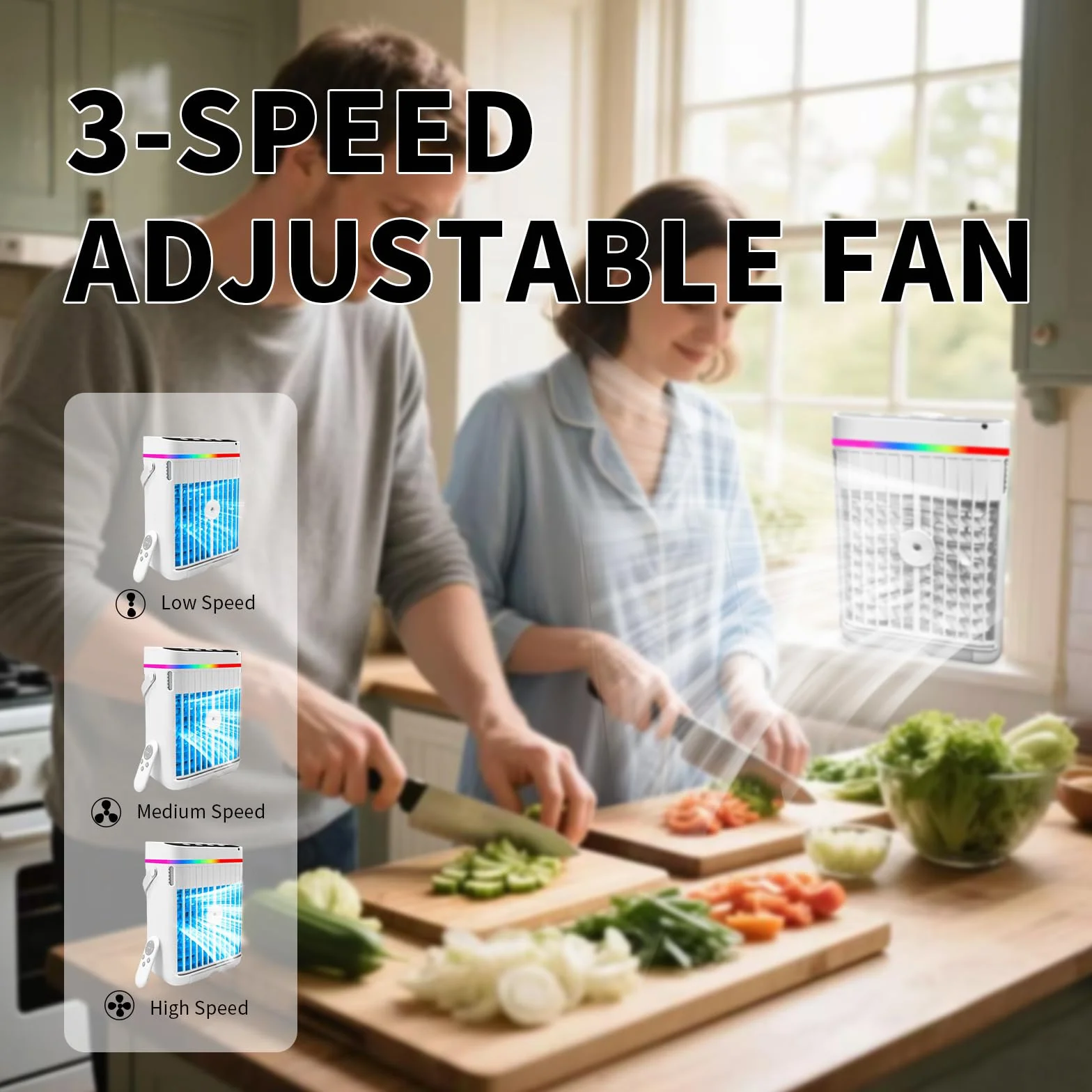 Aire acondicionado portátil, mini enfriador 4 en 1 con refrigeración rápida, función de niebla, luz LED, 3 velocidades y temporizador, ventilador USB silencioso para uso en verano