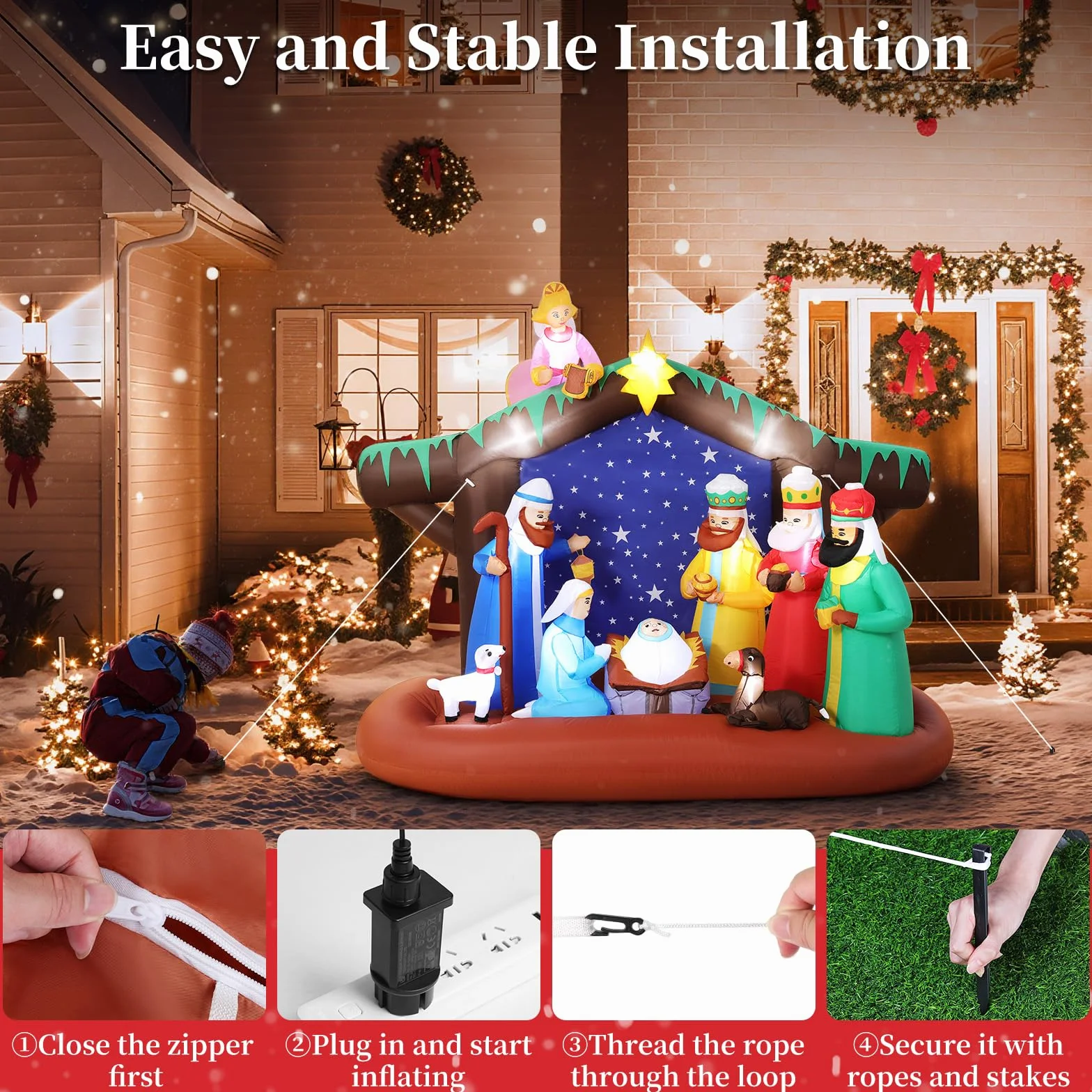 Lewondr Decoraciones Navideñas Inflables Belén para Exteriores, 7FT Inflable Navideño con 12 Luces LED, Iluminado De Belén Impermeable para Decoración Navideña De Jardín