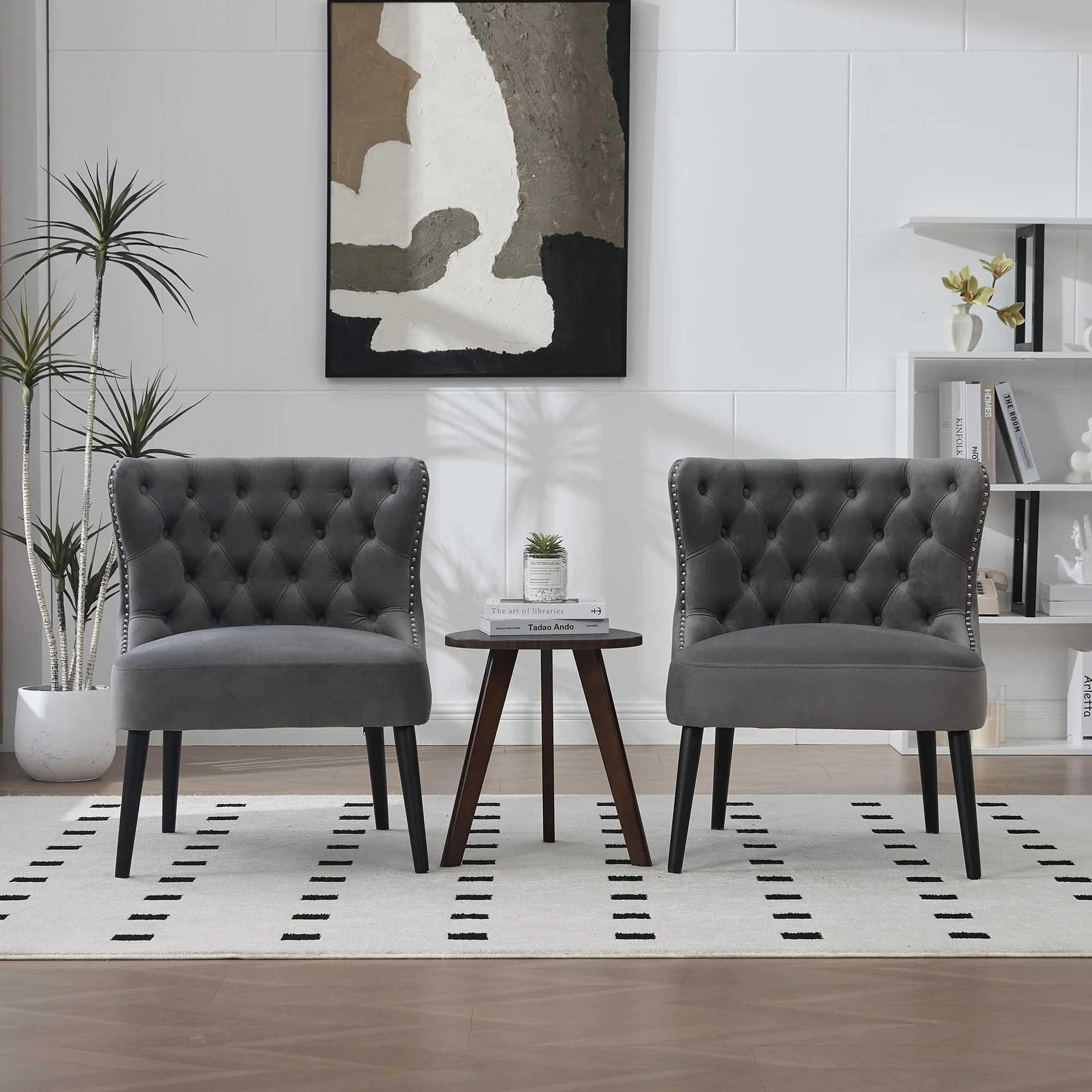 Silla de sofá con tira de botones de terciopelo y tamaño de puntos, diseño moderno sin brazo con remaches y patas de madera maciza para sala de estar, dormitorio.