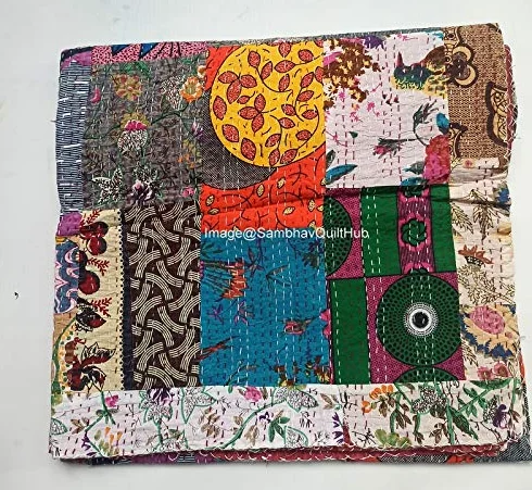 Cobija reversible con estampado de retazos florales para cama Queen/Twin/King, colcha india Kantha con costuras étnicas, colcha bohemia floral Kantha (90 x 108 pulgadas)