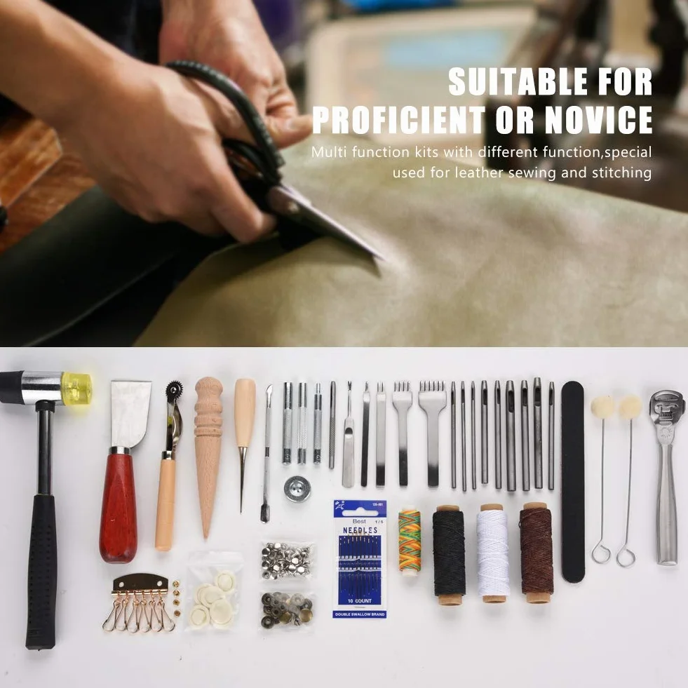 Yechiry Juego de Herramientas para Manualidades de Cuero, Kit de Costura de Trabajo Eficiente para Costura, Manualidades para Principiantes y Profesionales, Metal/madera/cuero 42 Piezas