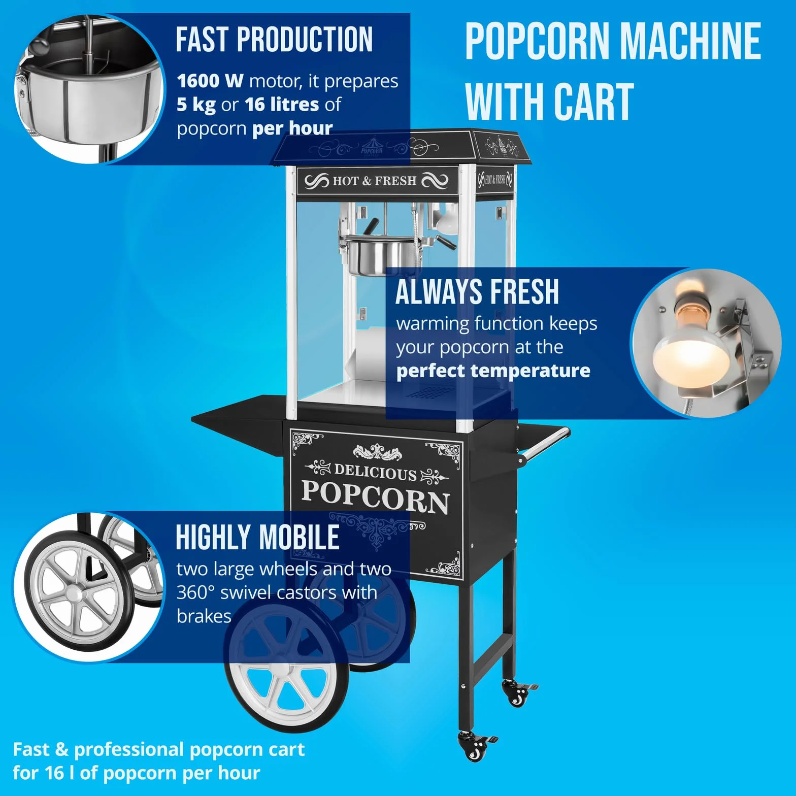 Royal Catering - Palomitera negra con diseño americano y carrito - 1500 W