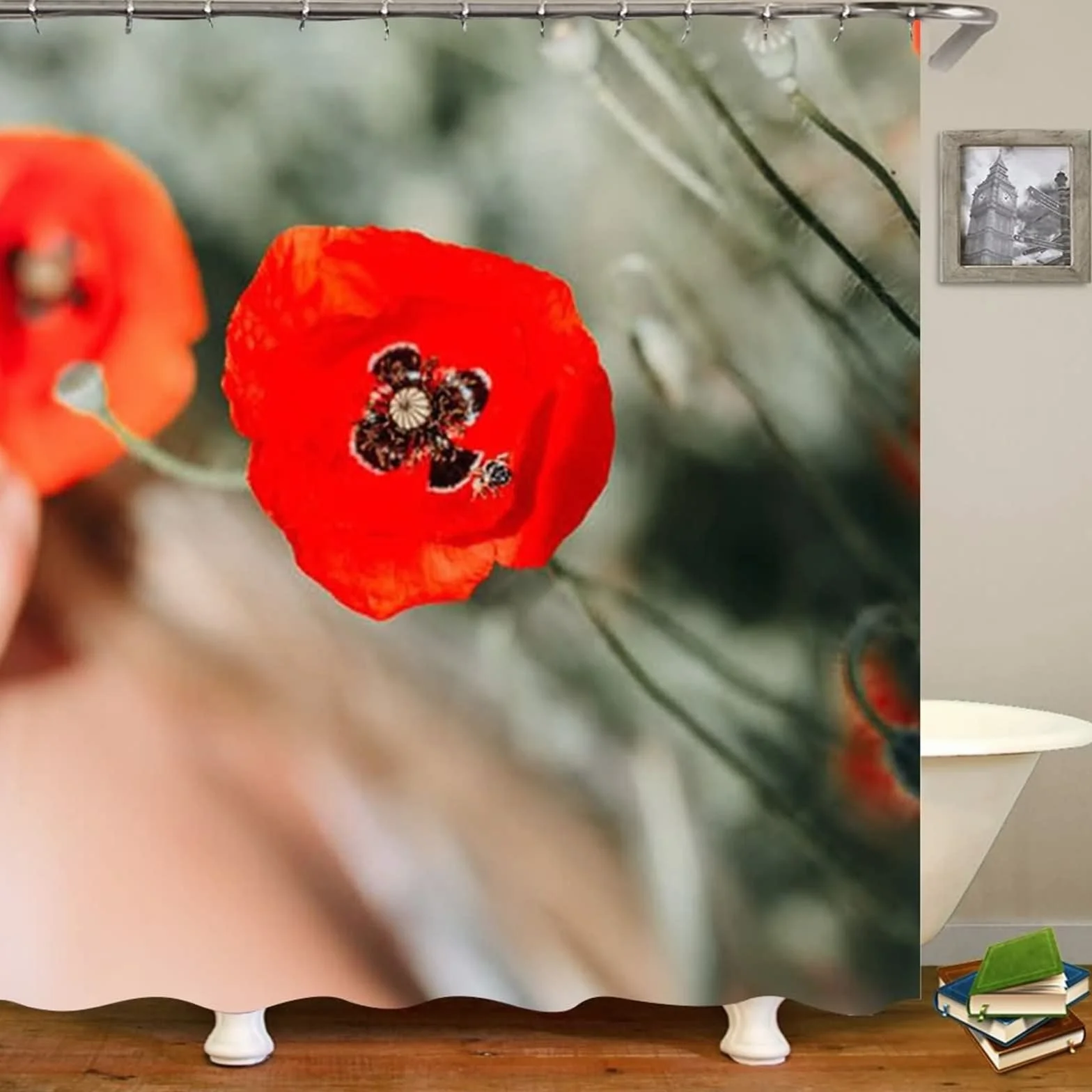 Gualiy Cortinas de ducha de baño de 71 x 78 pulgadas, cortinas de ducha de tela de flores rojas y abejas para baño, cortina de ducha multicolor con patas de garra