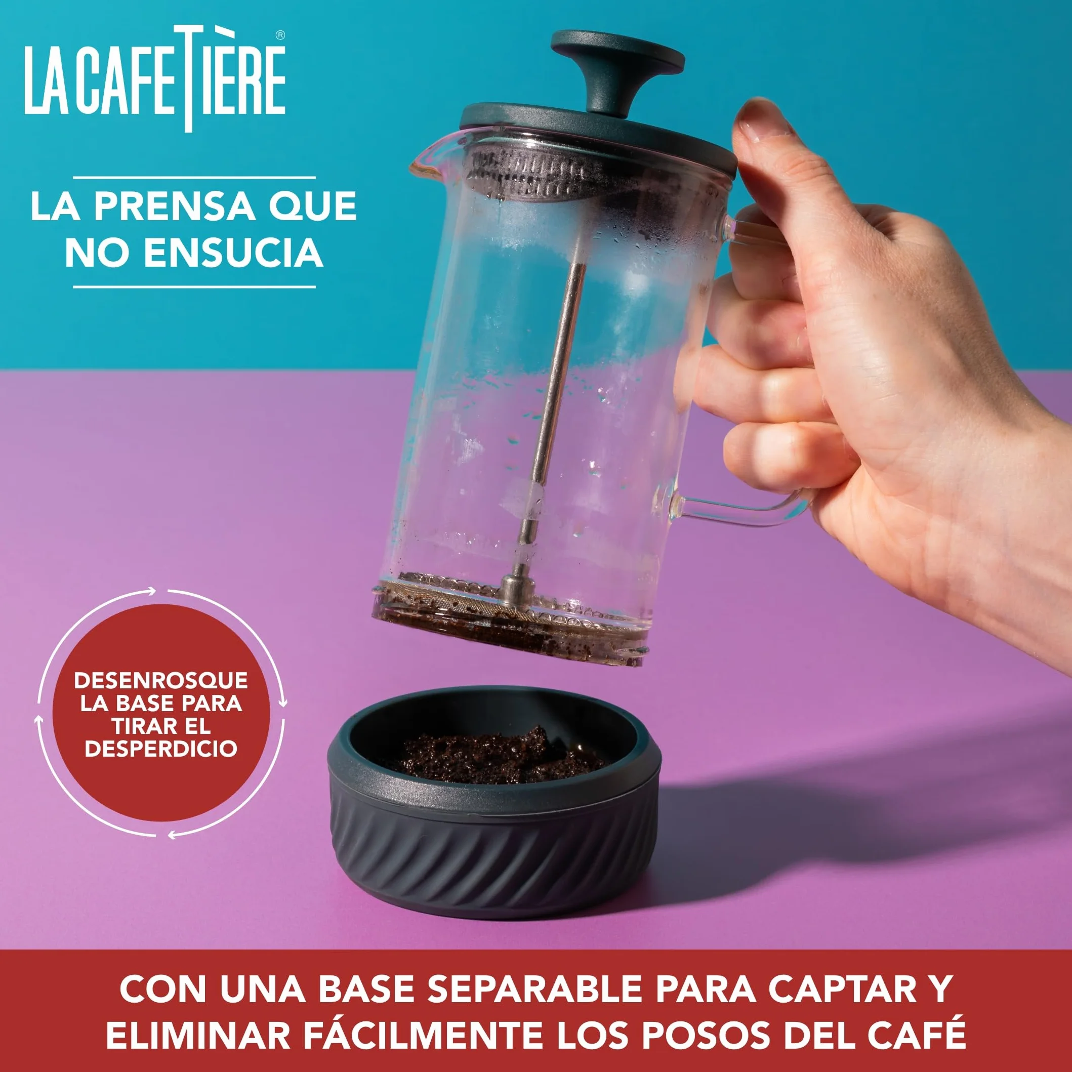 La Cafetière - Cafetera Zero con capacidad para 8 tazas y juego de tazas, prensa francesa resistente al calor, mango de vidrio y base de silicona extraíble, fácil de limpiar, color verde