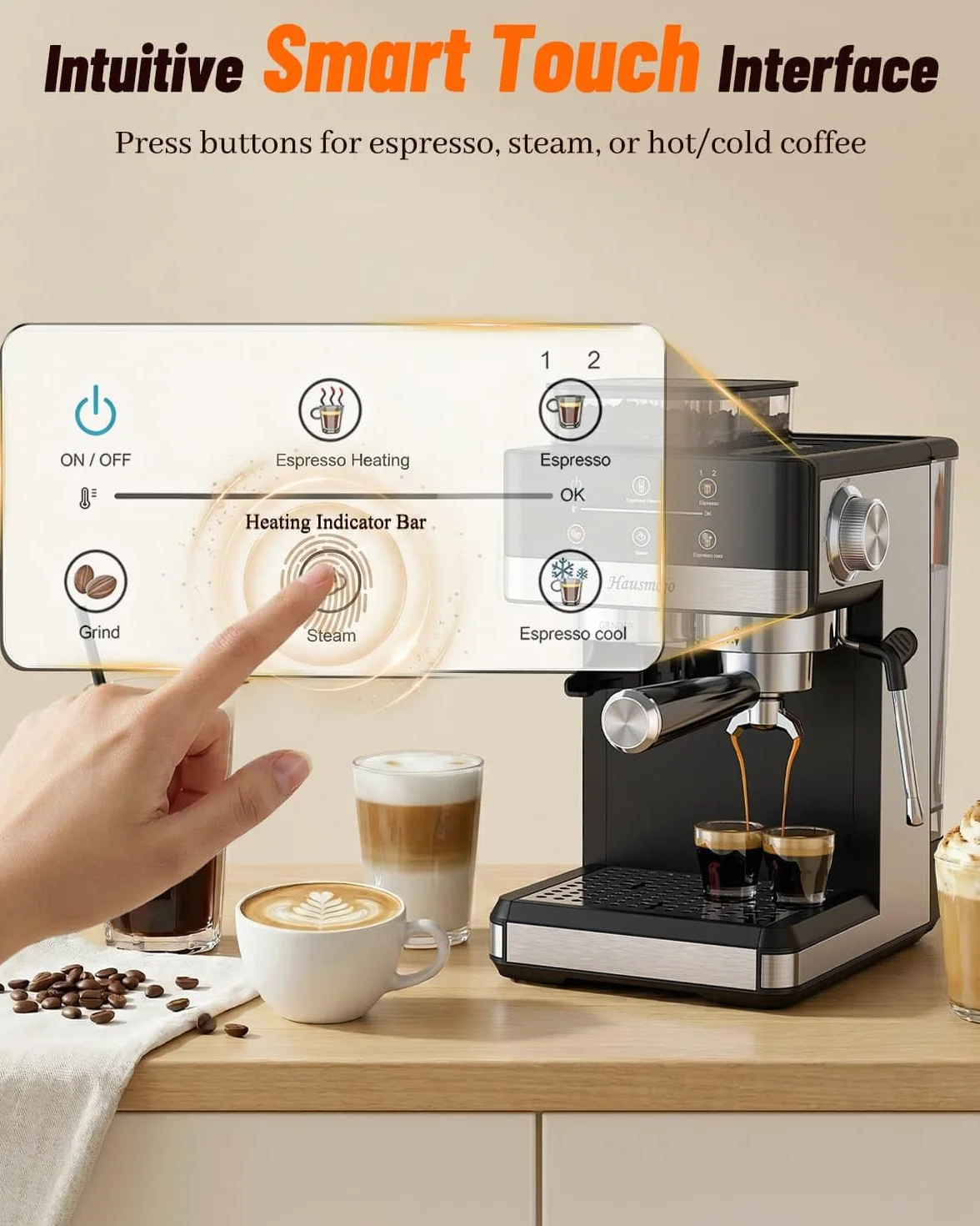 Máquina de café espresso con amoladora, cafetera compacta de 20 barras con espumador de leche, máquina de café profesional para el hogar, control táctil, capuchino y cafetera con leche