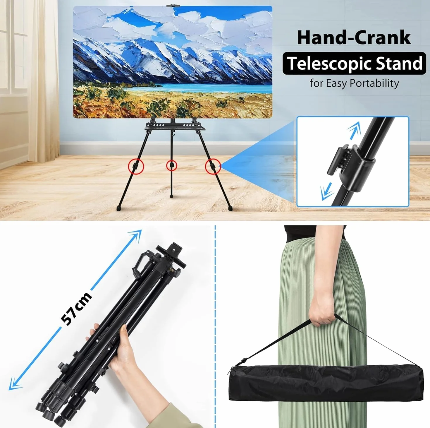 Caballete para pintar, ajustable 50-152 cm, caballete trípode plegable para pintar con bolsa/barril, sobremesa y suelo, Cavalete para Pintar, Boda, Presentaciones,Negro