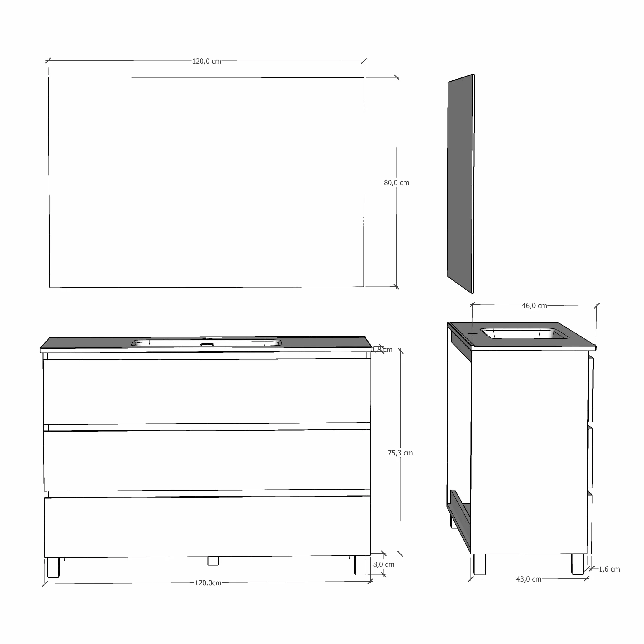Baikal Conjunto de Mueble de Baño Neo con Espejo Luna Lisa, 3 Cajones, Melamina 16mm, Montado