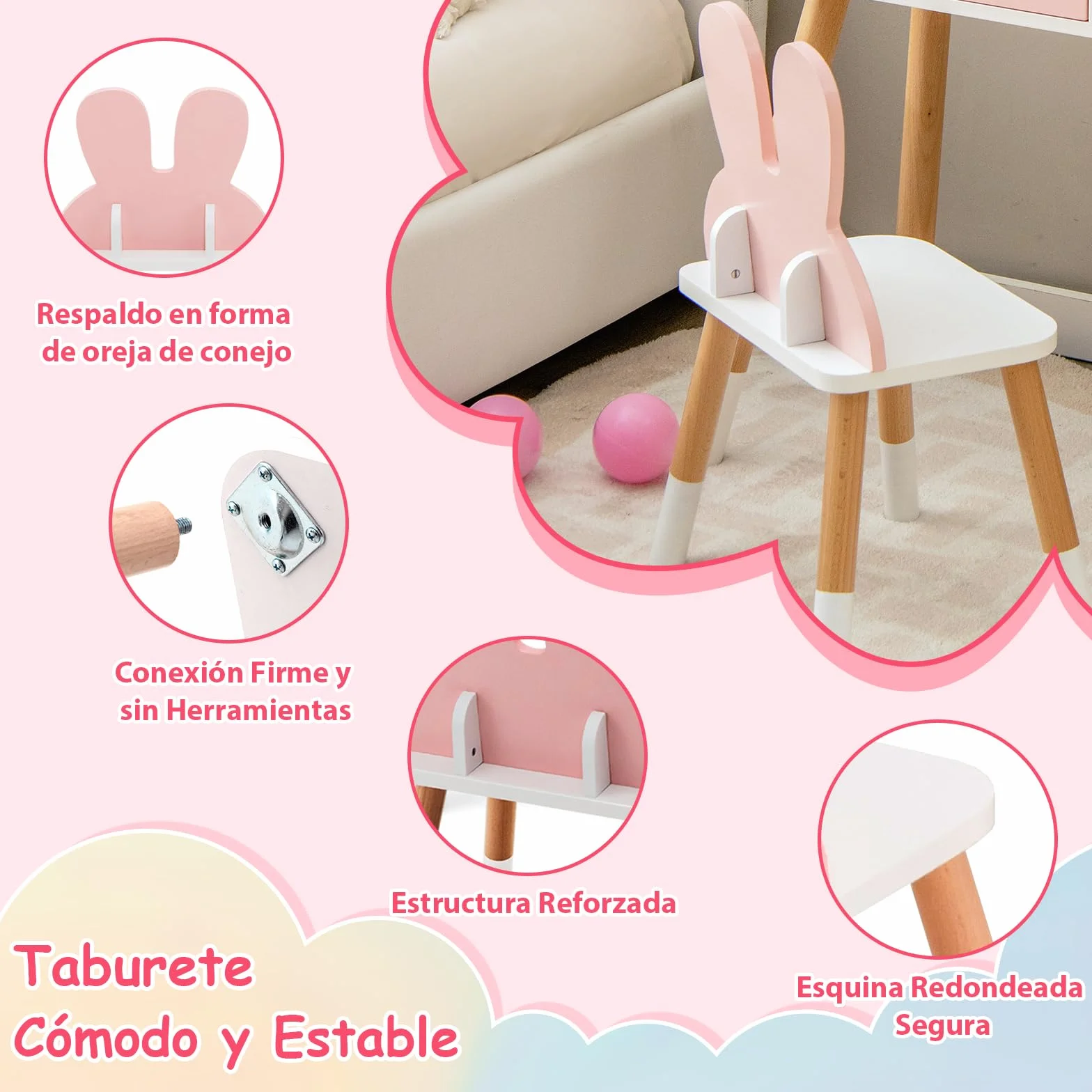 RELAX4LIFE 2 en 1 Tocador de Maquillaje para Niña con Espejo Extraíble, Taburete, 2 Cajones, 3 Accesorios, Madera, Rosa 3-7 Años