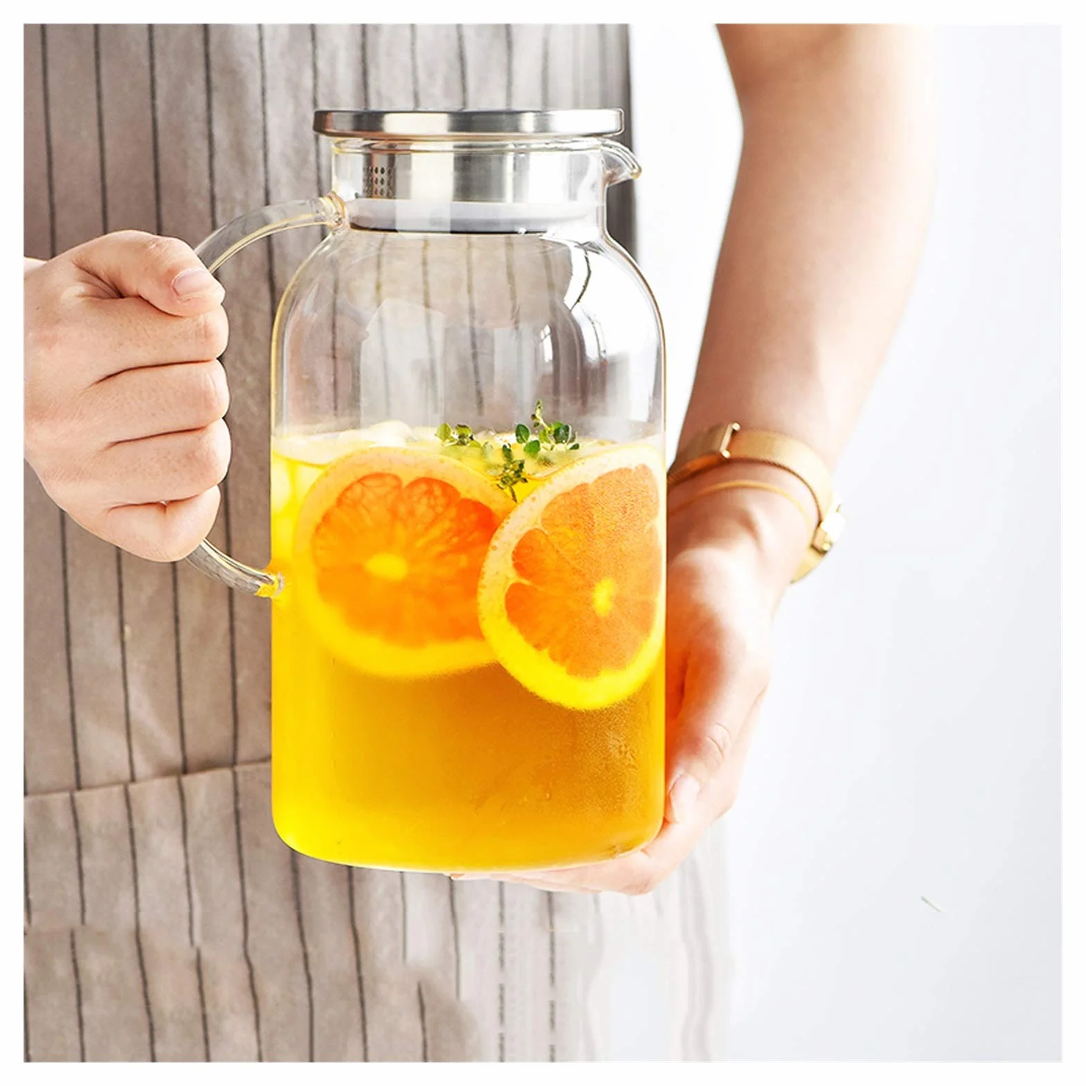 Jarra Agua Fria Lanzador de Vidrio de Gran Capacidad con Tapa de Acero Inoxidable Tetera de Cristal Resistente a la Alta Temperatura Material Engrosado Jarra Agua Detox Frutas (Size : 1.8L)