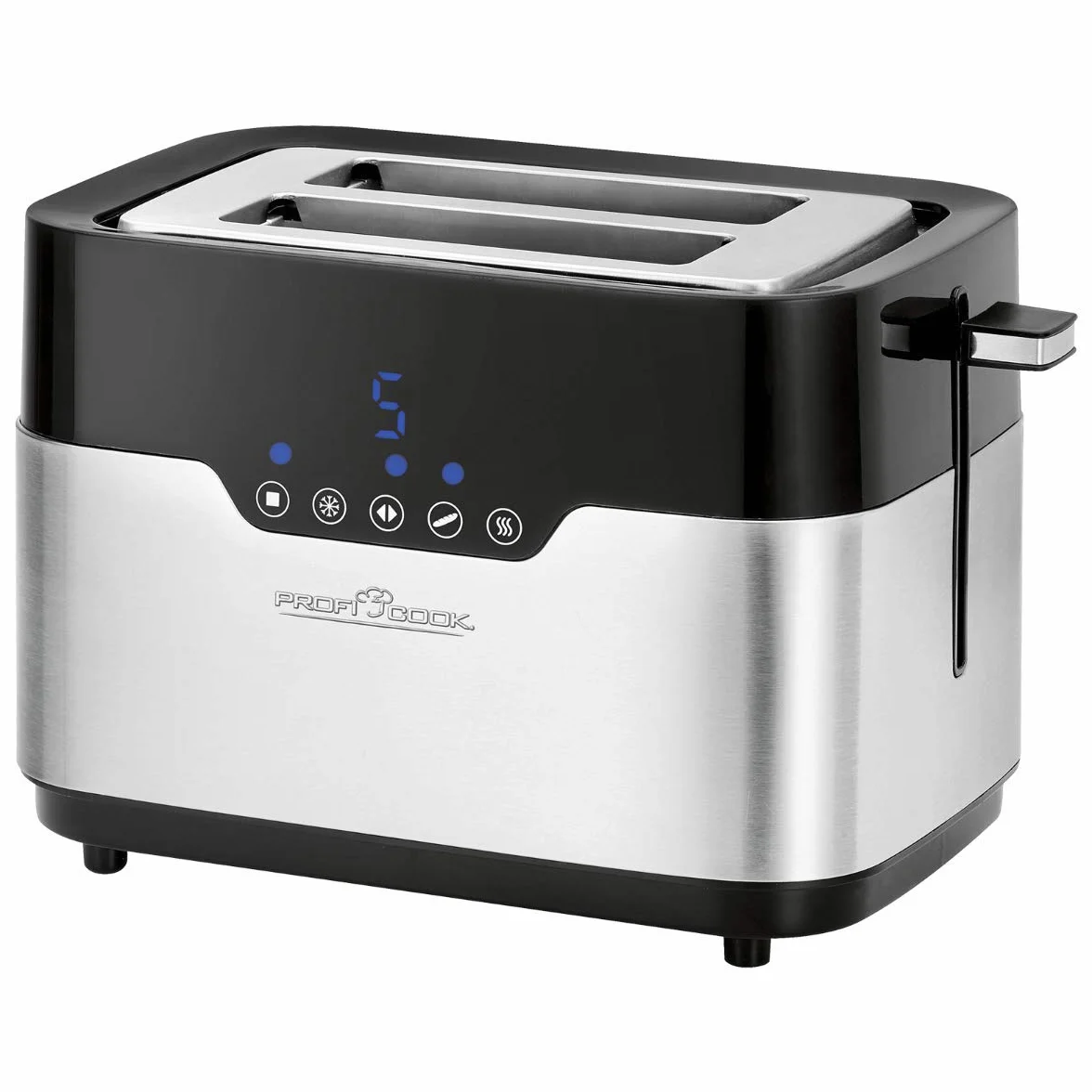 ProfiCook PC-TA 1170 Tostadora de 2 discos, Sensor Touch, Soporte para panecillos, Cajón para migas, Función de centrado, Almacenamiento compacto, 7 niveles de bronceado, Negro