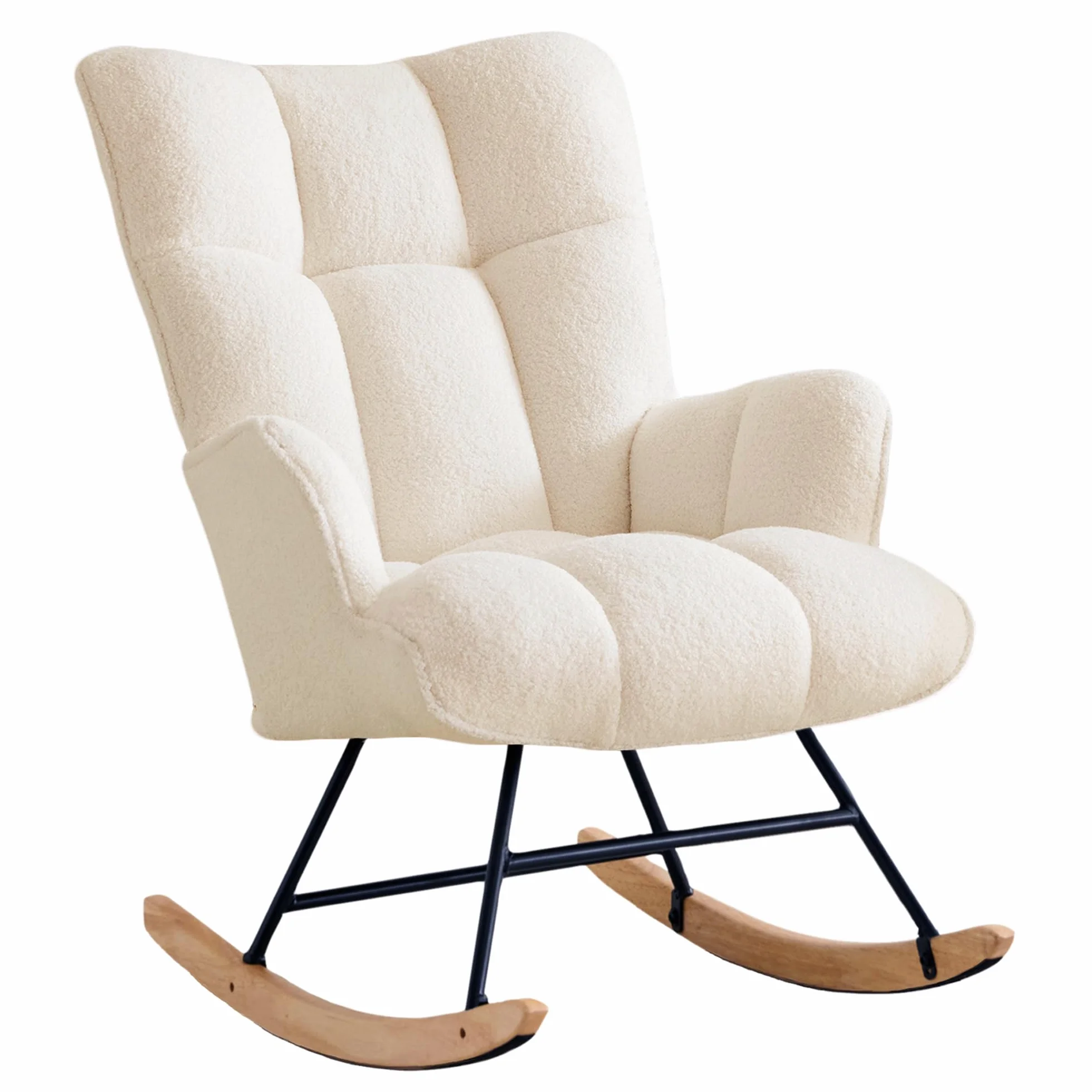 Silla Mecedora Teddy Lactancia & Relax, Tela Peluche Acolchada, Estructura de Acero, Patas de Madera de Caucho, para Salón, Dormitorio y Habitación de Bebé(Marfil Teddy)