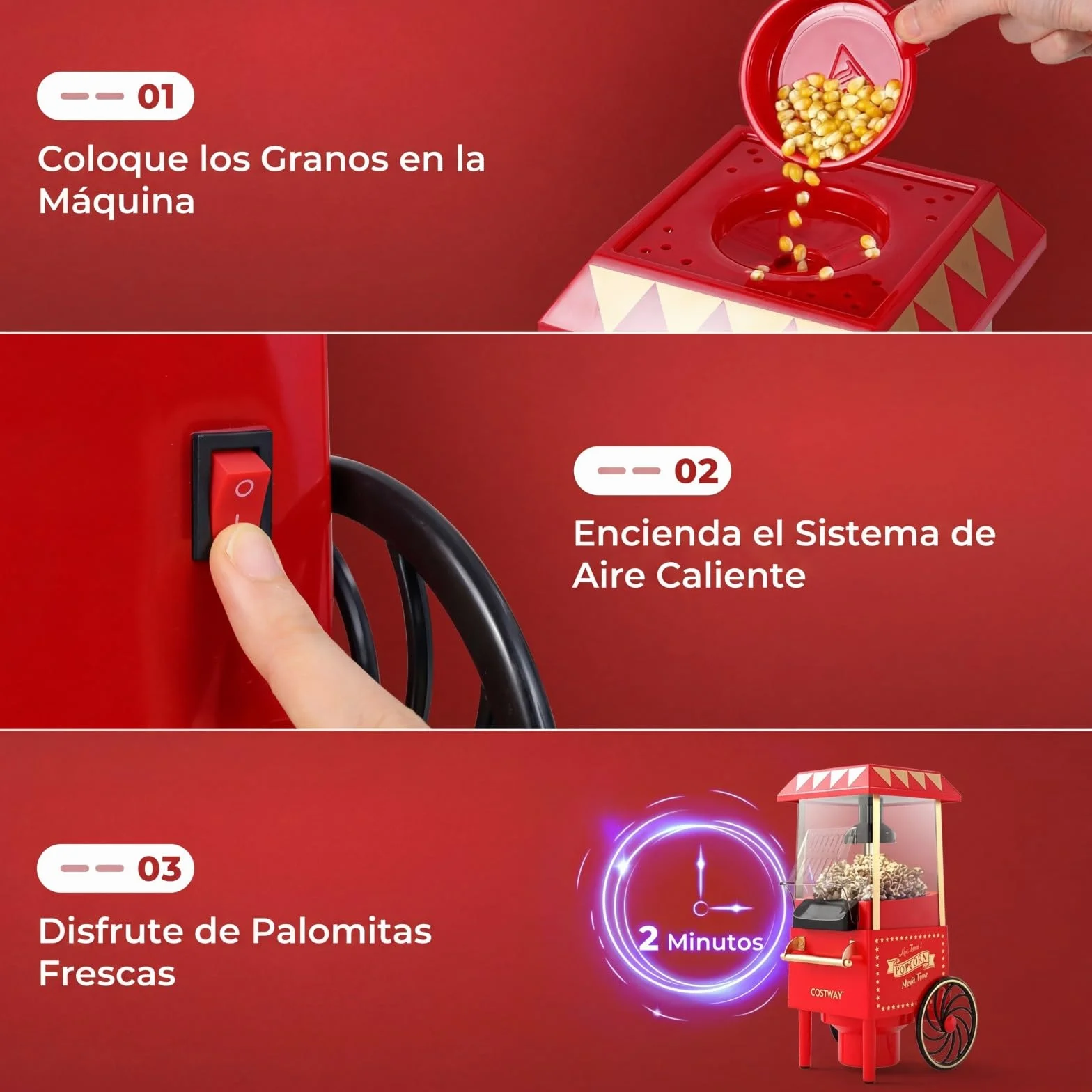 COSTWAY 1200 W Palomitero Eléctrico de Aire Caliente, Máquina de Palomitas Maíz sin Aceite ni Grasas, 12 Tazas con Vaso Medidor, Palomitera Retra de Sobremesa para Hogar, Cine, Fiesta