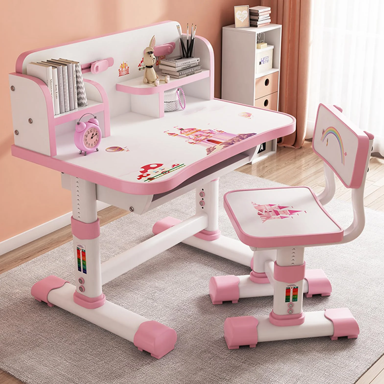 Mesa Escritorio Infantil con Silla y Estantería - Set de Estudio para Niños 3-18 Años Ajustable en Altura, con Diseño de Cómic, Pizarra Grande y Organizador de Libros (Rosa)
