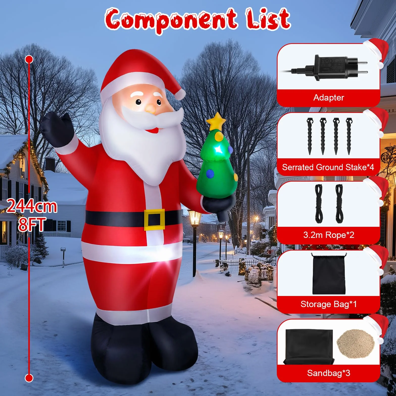 Papá Noel Inflable, 244cm Santa Claus Hinchable con Luces LED, Inflador Eléctrico Decoración Navideña para Interiores Exteriores, IP44 Impermeable -1000mAh/12W