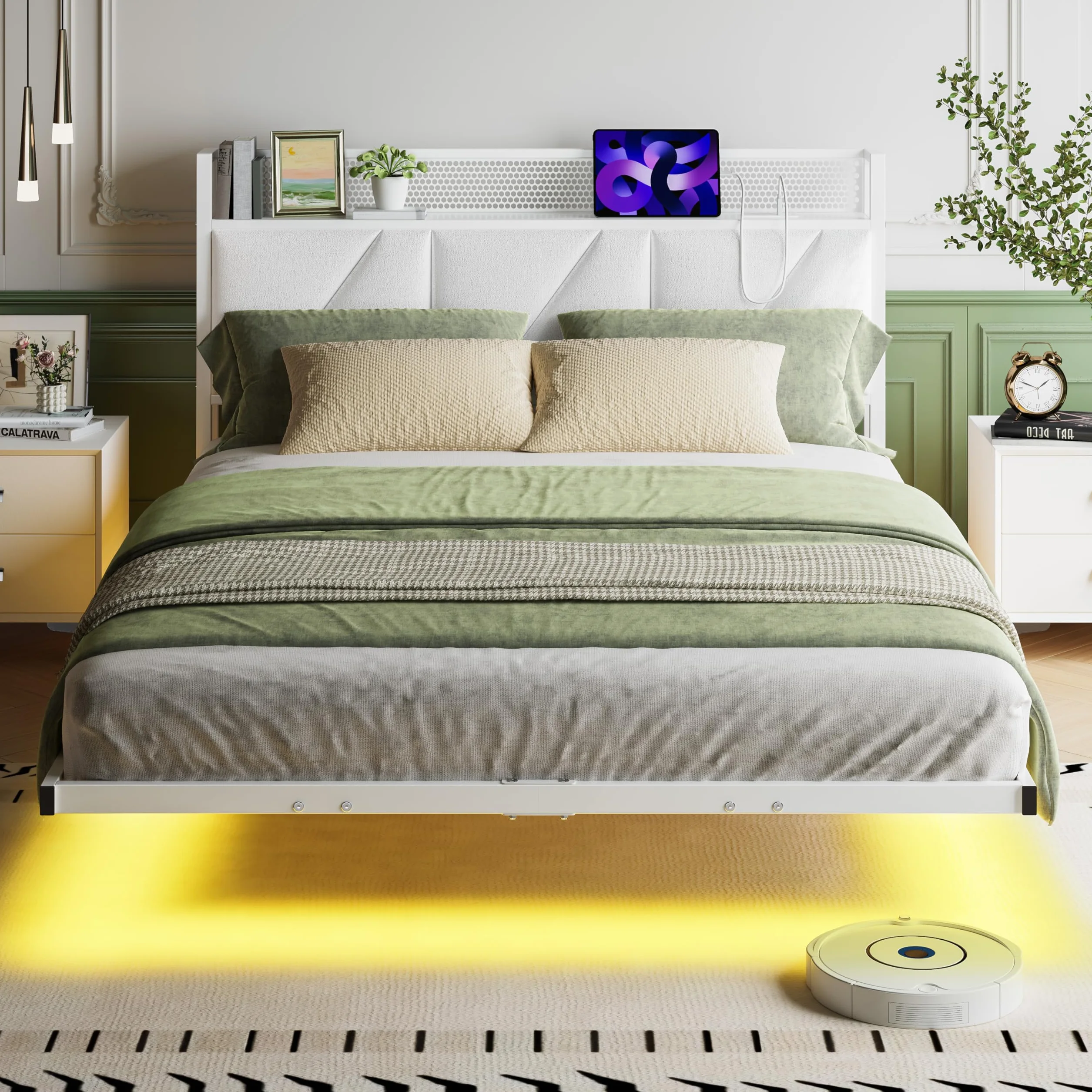 Marco de cama flotante de 120 x 200 cm con luces LED y estación de carga USB, marco de cama de plataforma metálica con cabecero acolchado y almacenamiento, listones de metal resistentes, libre